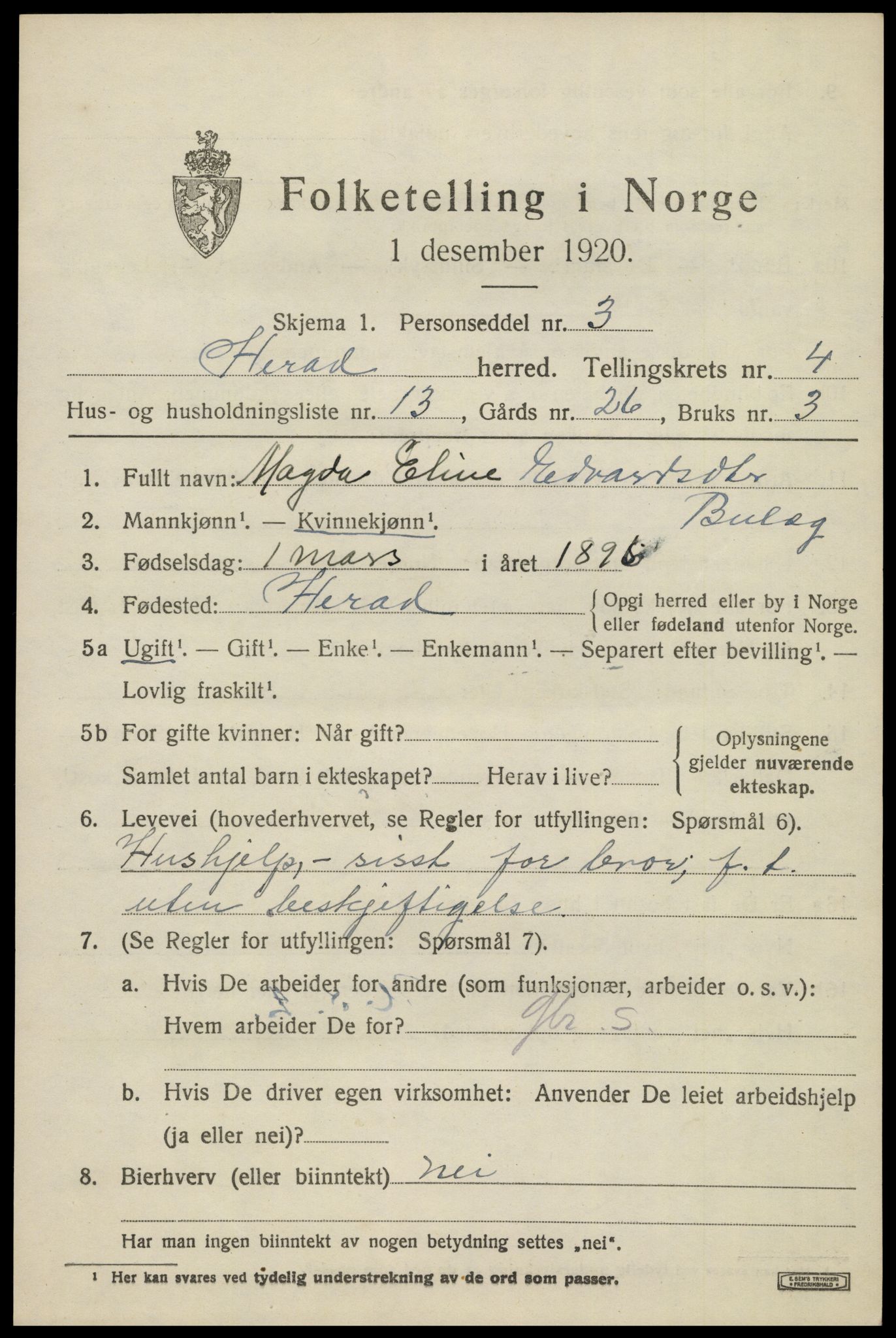 SAK, 1920 census for Herad, 1920, p. 1882