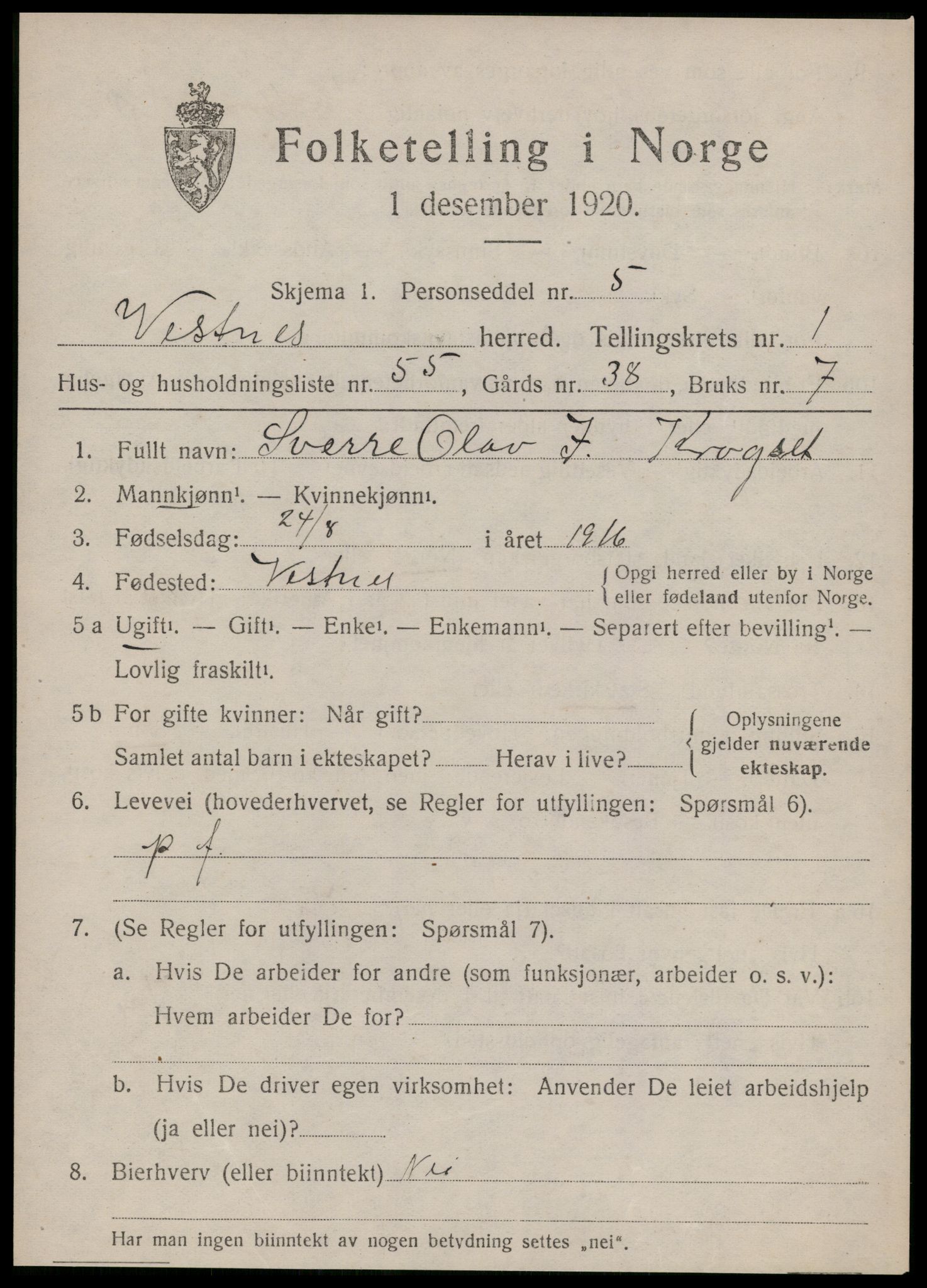 SAT, 1920 census for Vestnes, 1920, p. 1875