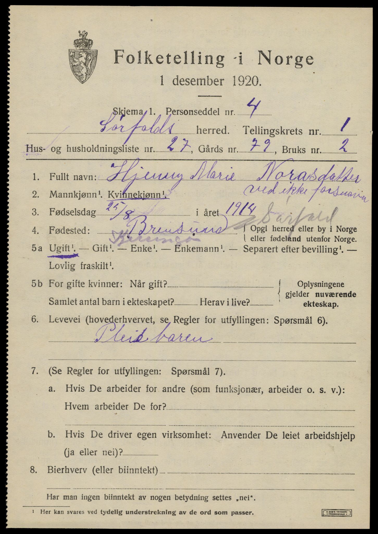 SAT, 1920 census for Sørfold, 1920, p. 1337