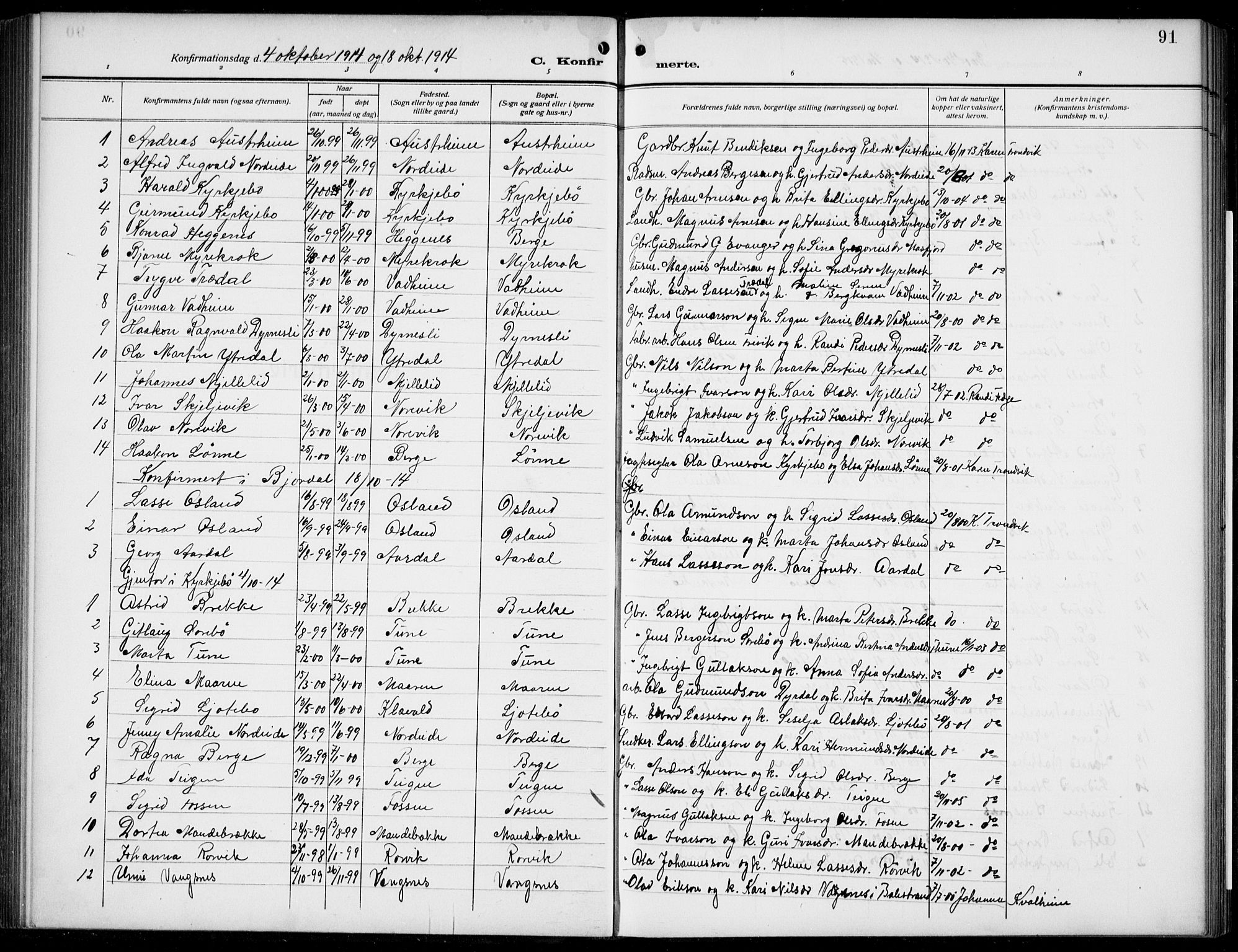 Lavik sokneprestembete, AV/SAB-A-80901: Parish register (copy) no. B 4, 1914-1937, p. 91