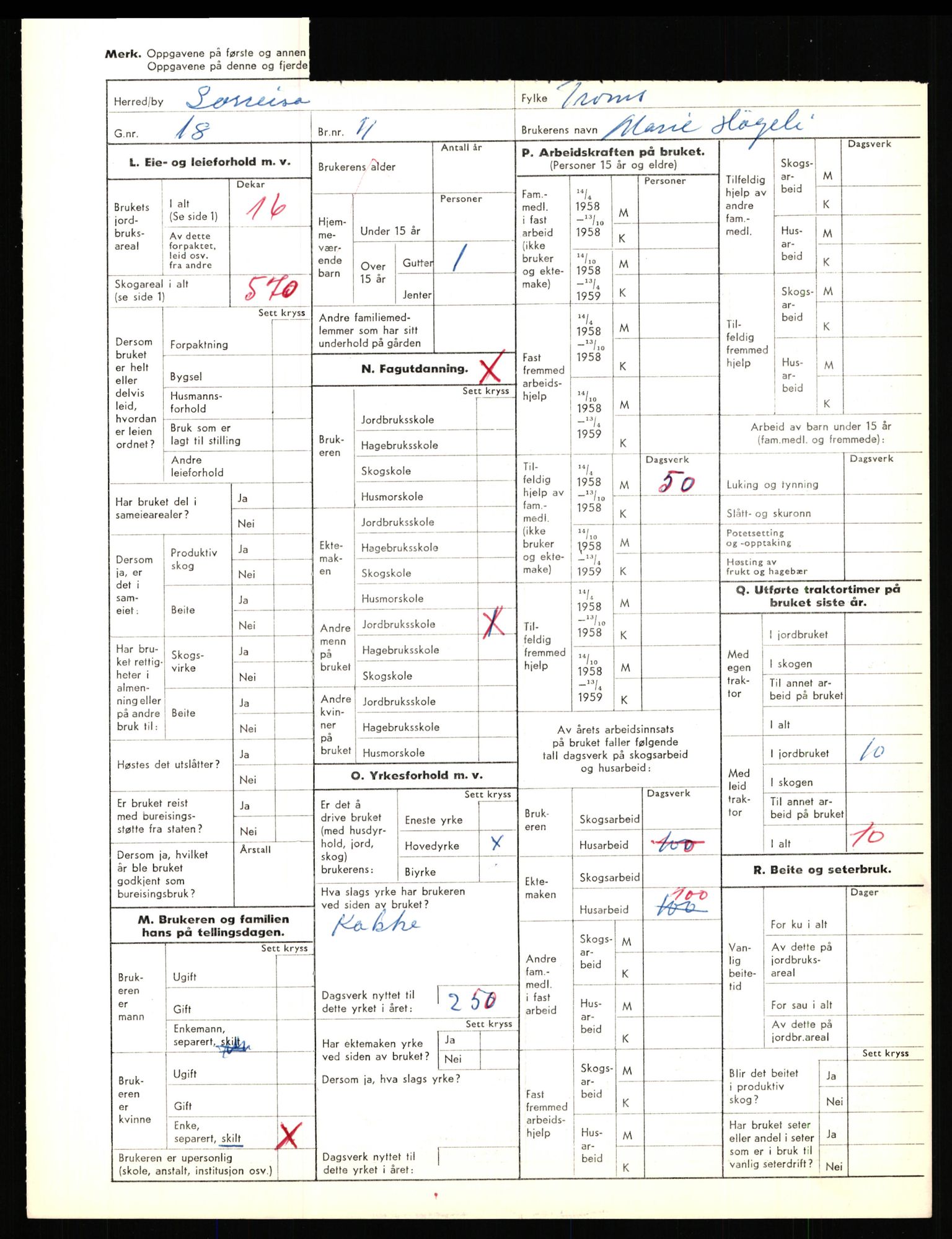 Statistisk sentralbyrå, Næringsøkonomiske emner, Jordbruk, skogbruk, jakt, fiske og fangst, AV/RA-S-2234/G/Gd/L0656: Troms: 1924 Målselv (kl. 0-3) og 1925 Sørreisa, 1959, p. 1480