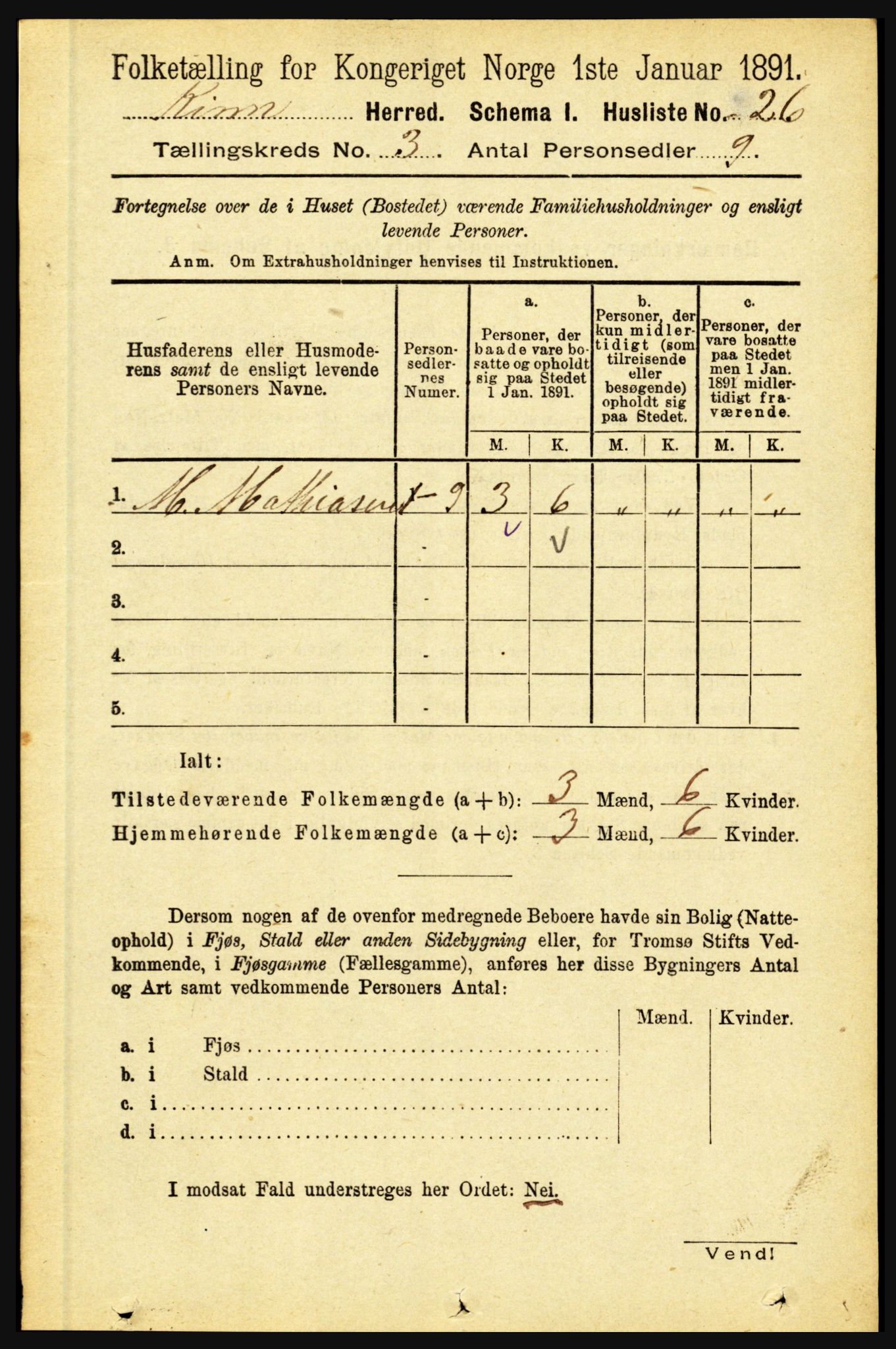 RA, 1891 census for 1437 Kinn, 1891, p. 909