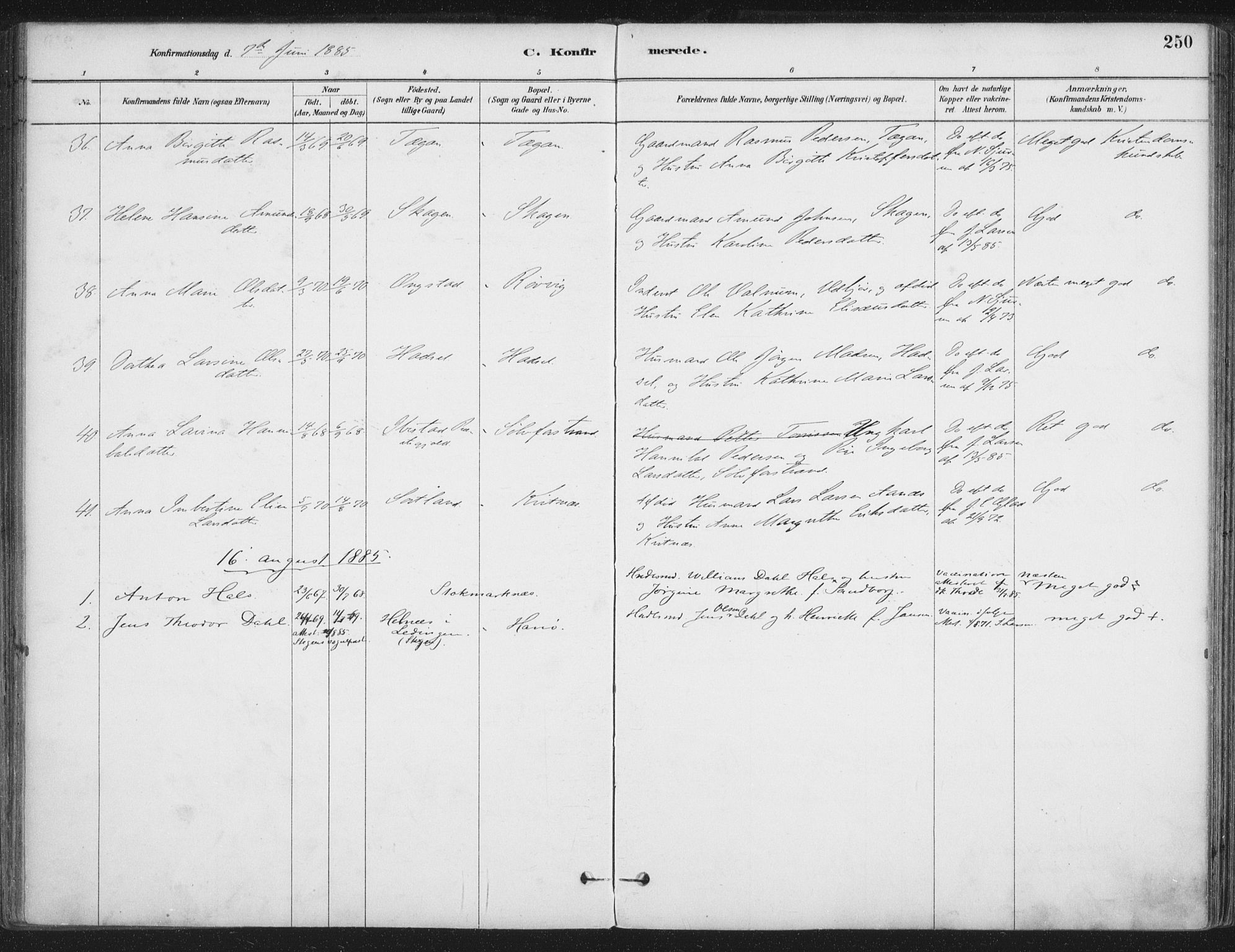 Ministerialprotokoller, klokkerbøker og fødselsregistre - Nordland, AV/SAT-A-1459/888/L1244: Parish register (official) no. 888A10, 1880-1890, p. 250