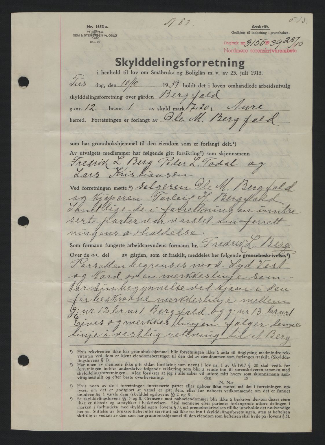 Nordmøre sorenskriveri, AV/SAT-A-4132/1/2/2Ca: Mortgage book no. A87, 1939-1940, Diary no: : 3155/1939