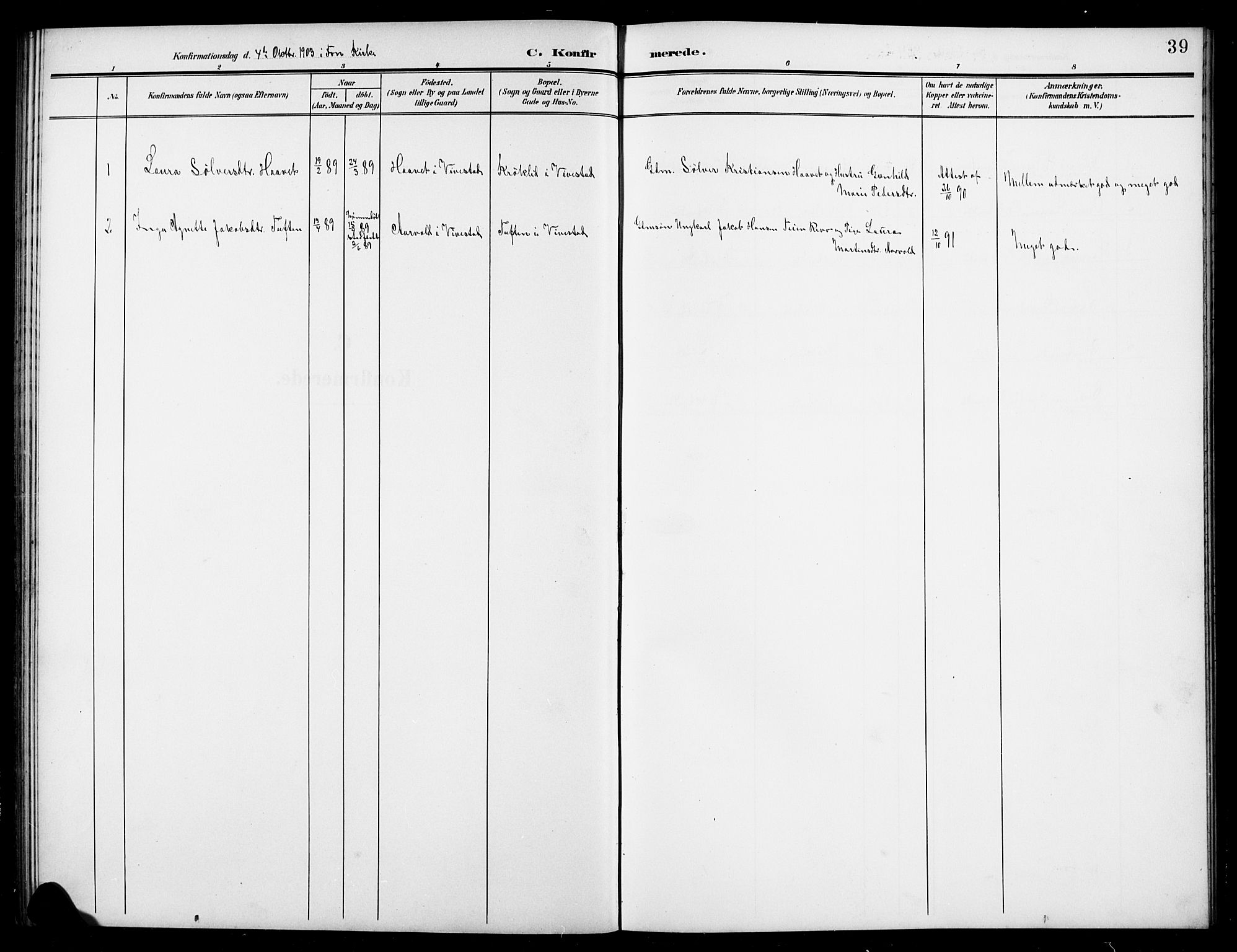Ramnes kirkebøker, SAKO/A-314/G/Gc/L0002: Parish register (copy) no. III 2, 1903-1924, p. 39