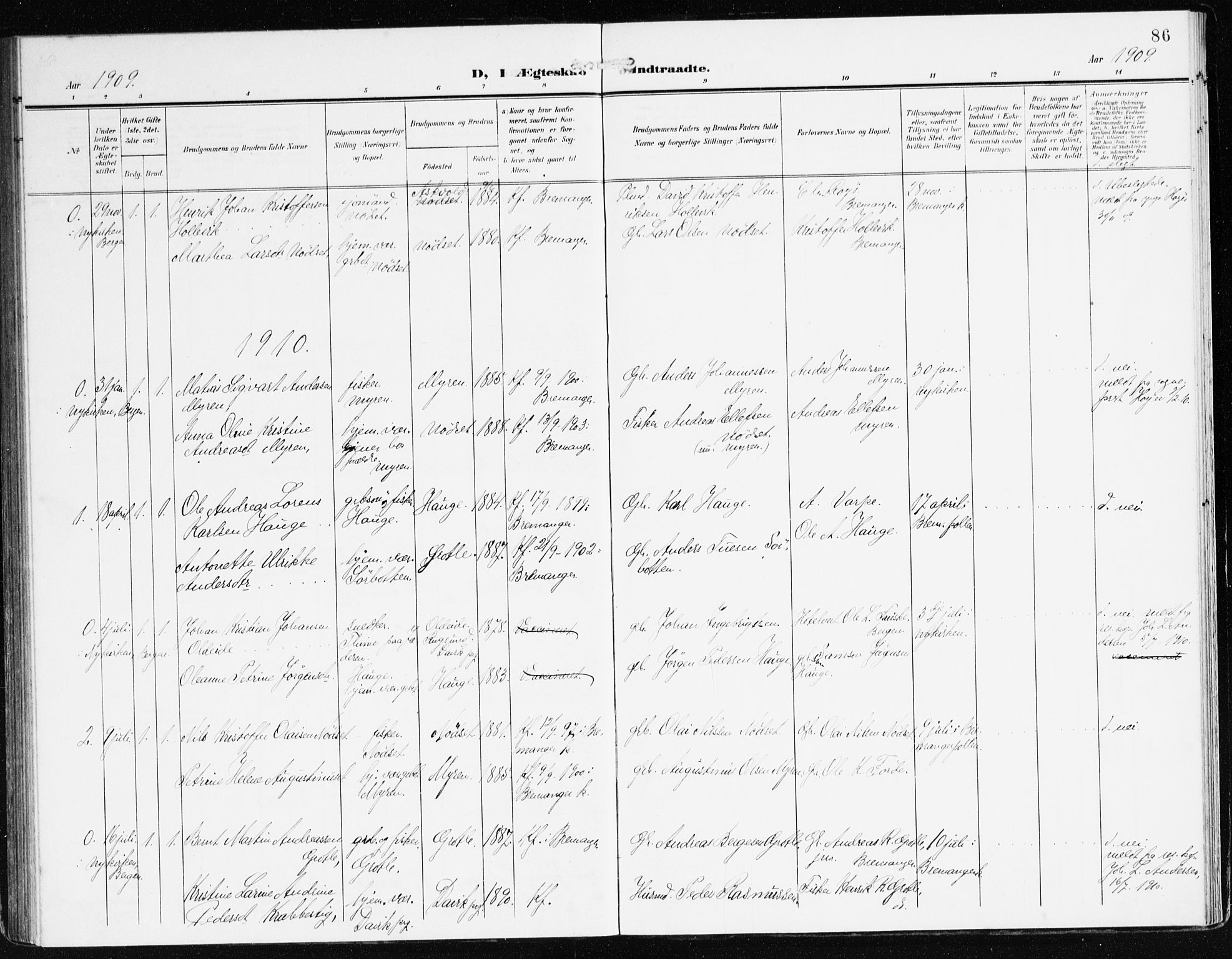 Bremanger sokneprestembete, SAB/A-82201/H/Haa/Haac/L0001: Parish register (official) no. C 1, 1908-1921, p. 86