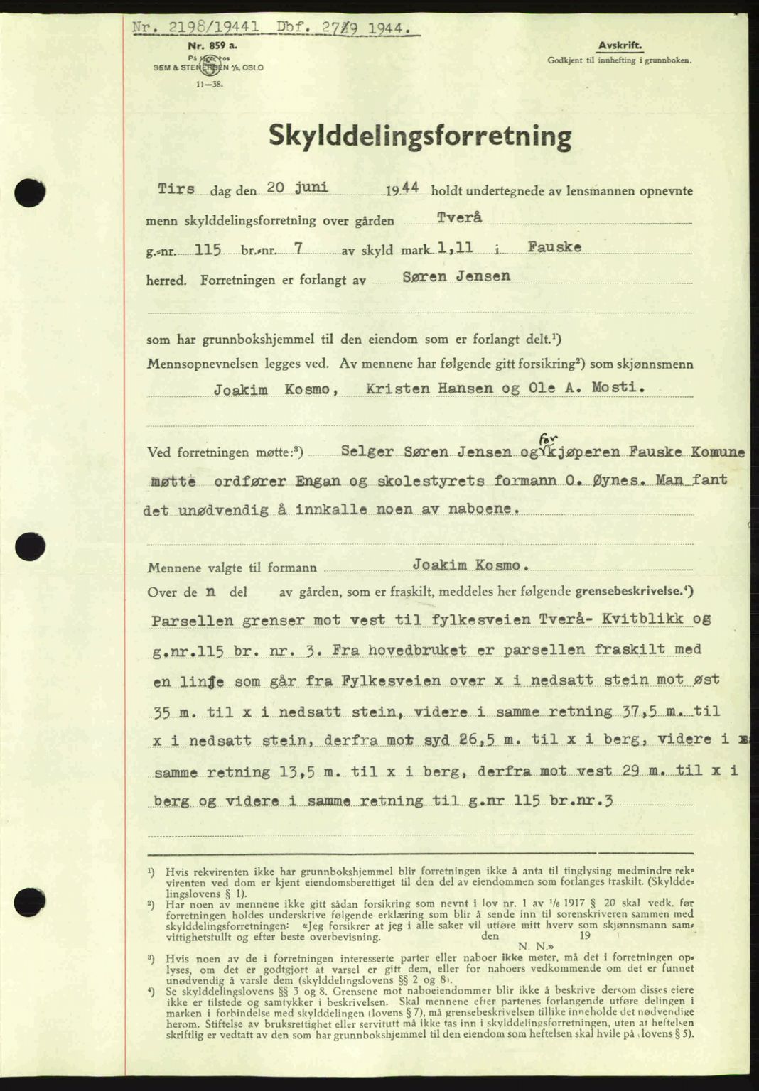 Salten sorenskriveri, AV/SAT-A-4578/1/2/2C: Mortgage book no. A14-15, 1943-1945, Diary no: : 2198/1944