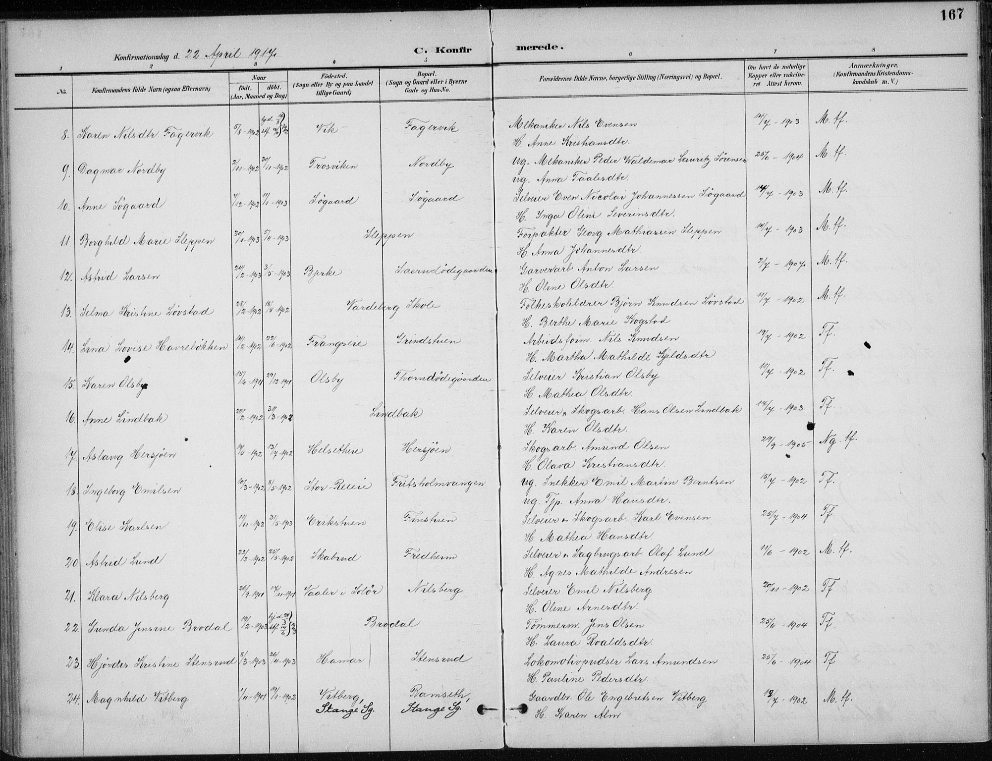 Stange prestekontor, AV/SAH-PREST-002/K/L0023: Parish register (official) no. 23, 1897-1920, p. 167