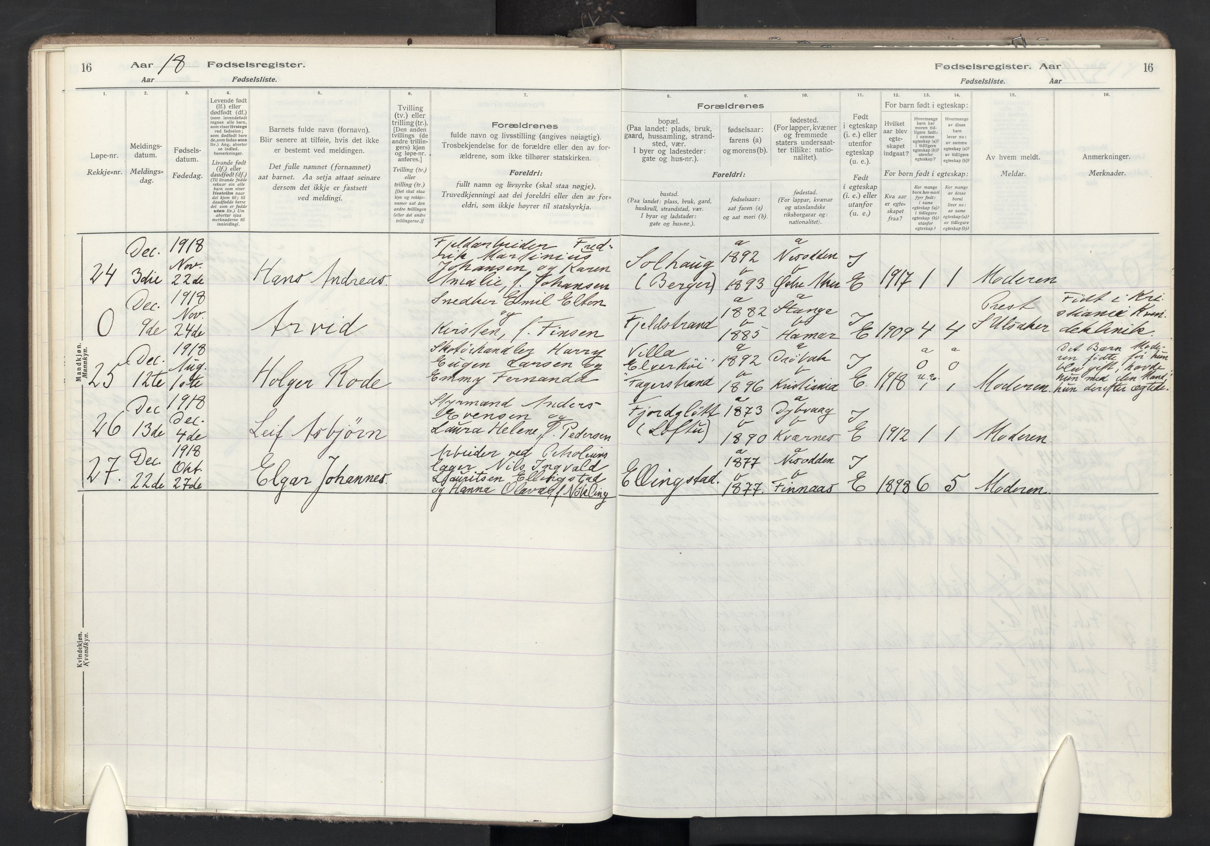 Nesodden prestekontor Kirkebøker, SAO/A-10013/J/Ja/L0001: Birth register no. 1, 1916-1946, p. 16