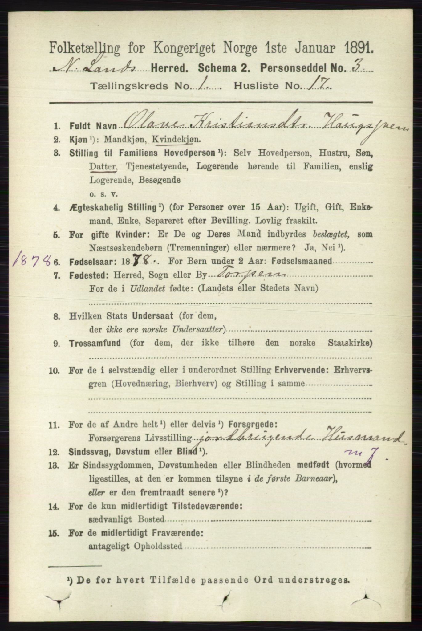 RA, 1891 census for 0538 Nordre Land, 1891, p. 211