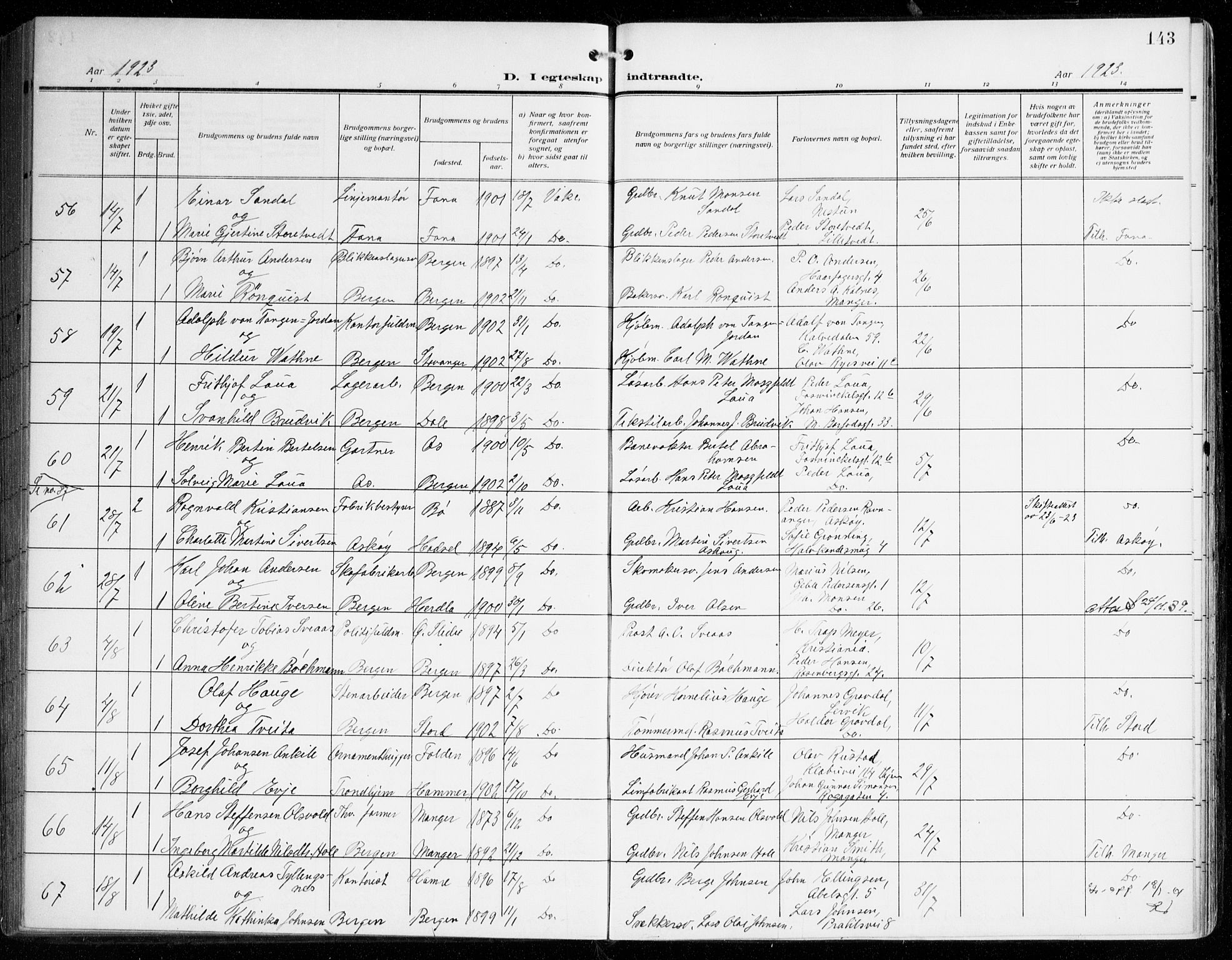 Johanneskirken sokneprestembete, SAB/A-76001/H/Haa/L0013: Parish register (official) no. D 2, 1912-1929, p. 143