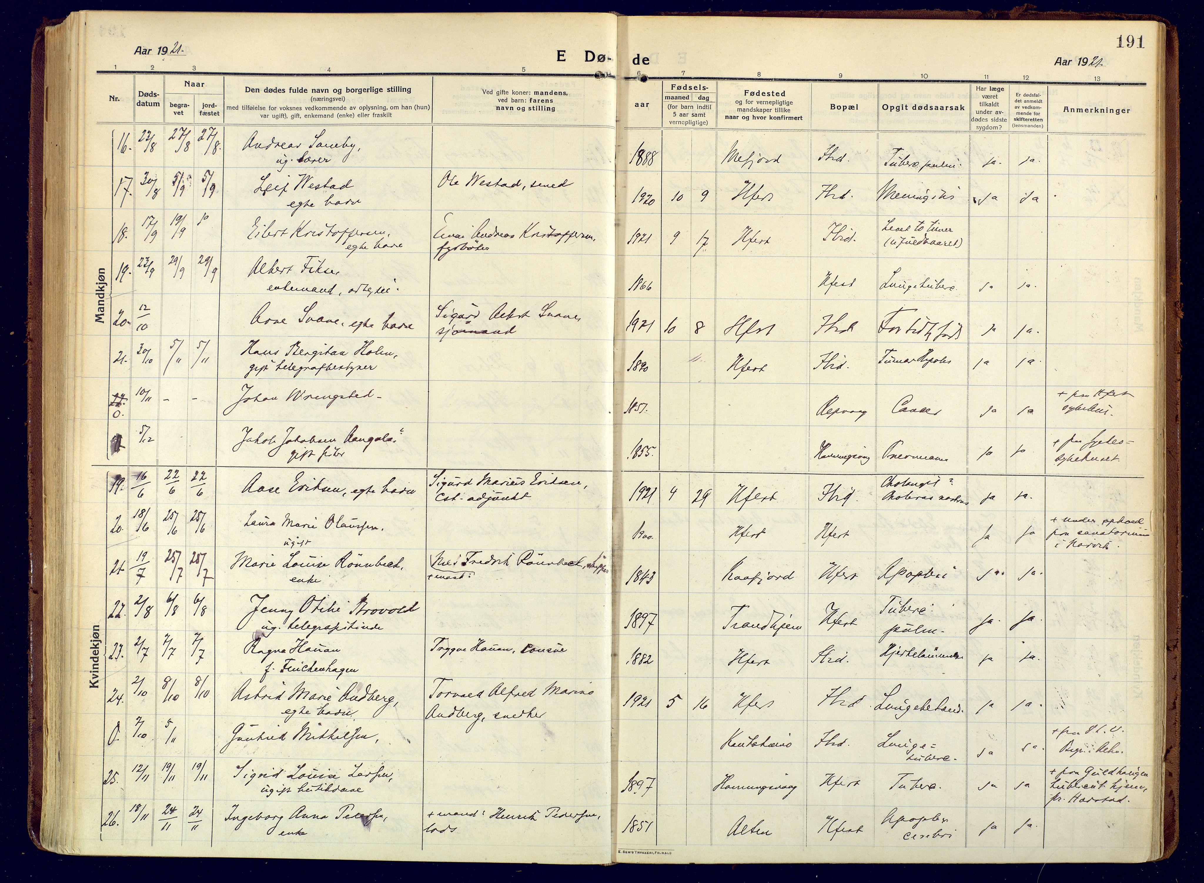 Hammerfest sokneprestkontor, AV/SATØ-S-1347/H/Ha/L0015.kirke: Parish register (official) no. 15, 1916-1923, p. 191