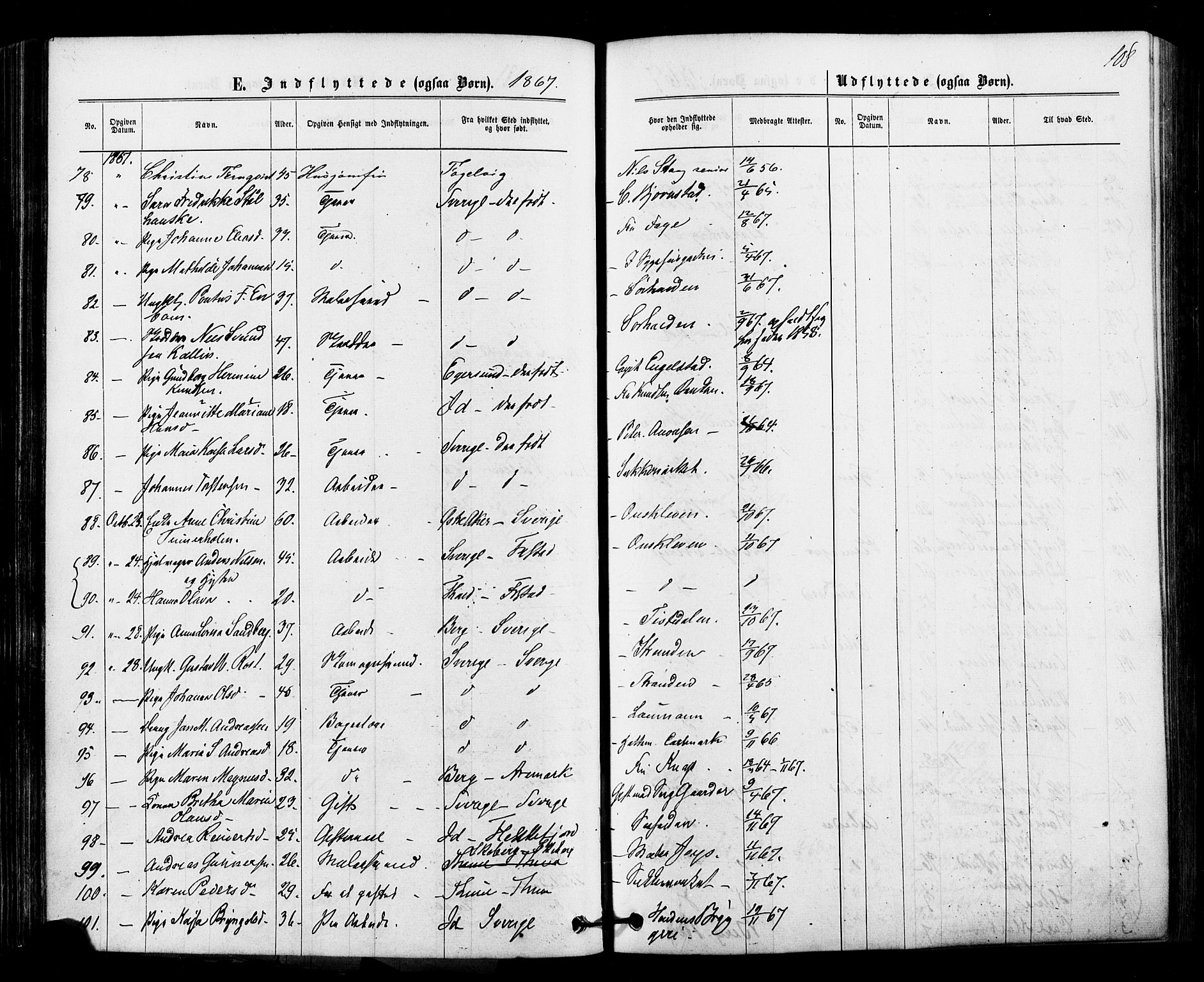 Halden prestekontor Kirkebøker, AV/SAO-A-10909/F/Fa/L0010: Parish register (official) no. I 10, 1866-1877, p. 108