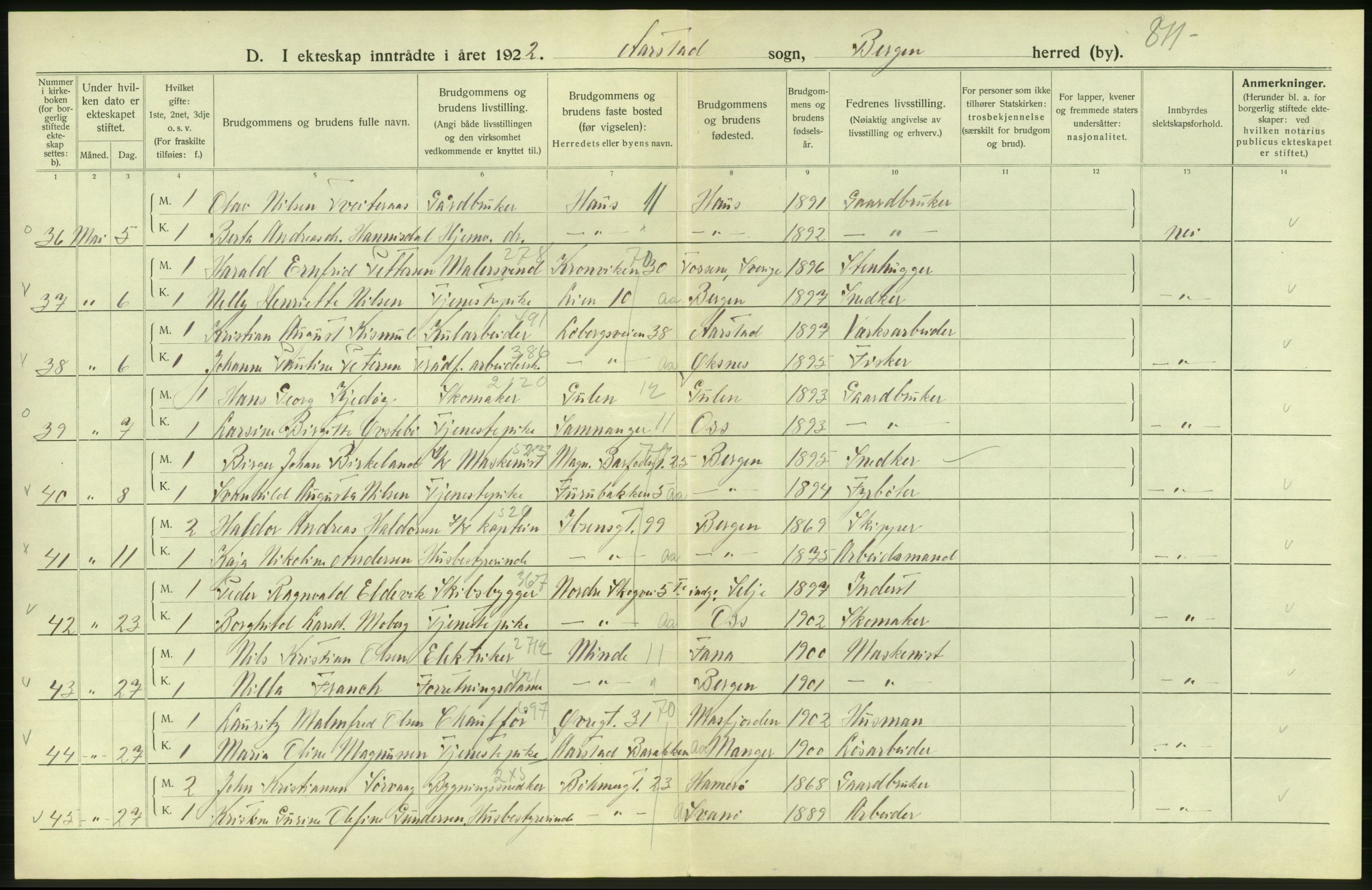 Statistisk sentralbyrå, Sosiodemografiske emner, Befolkning, AV/RA-S-2228/D/Df/Dfc/Dfcb/L0030: Bergen: Gifte, døde, dødfødte., 1922, p. 44