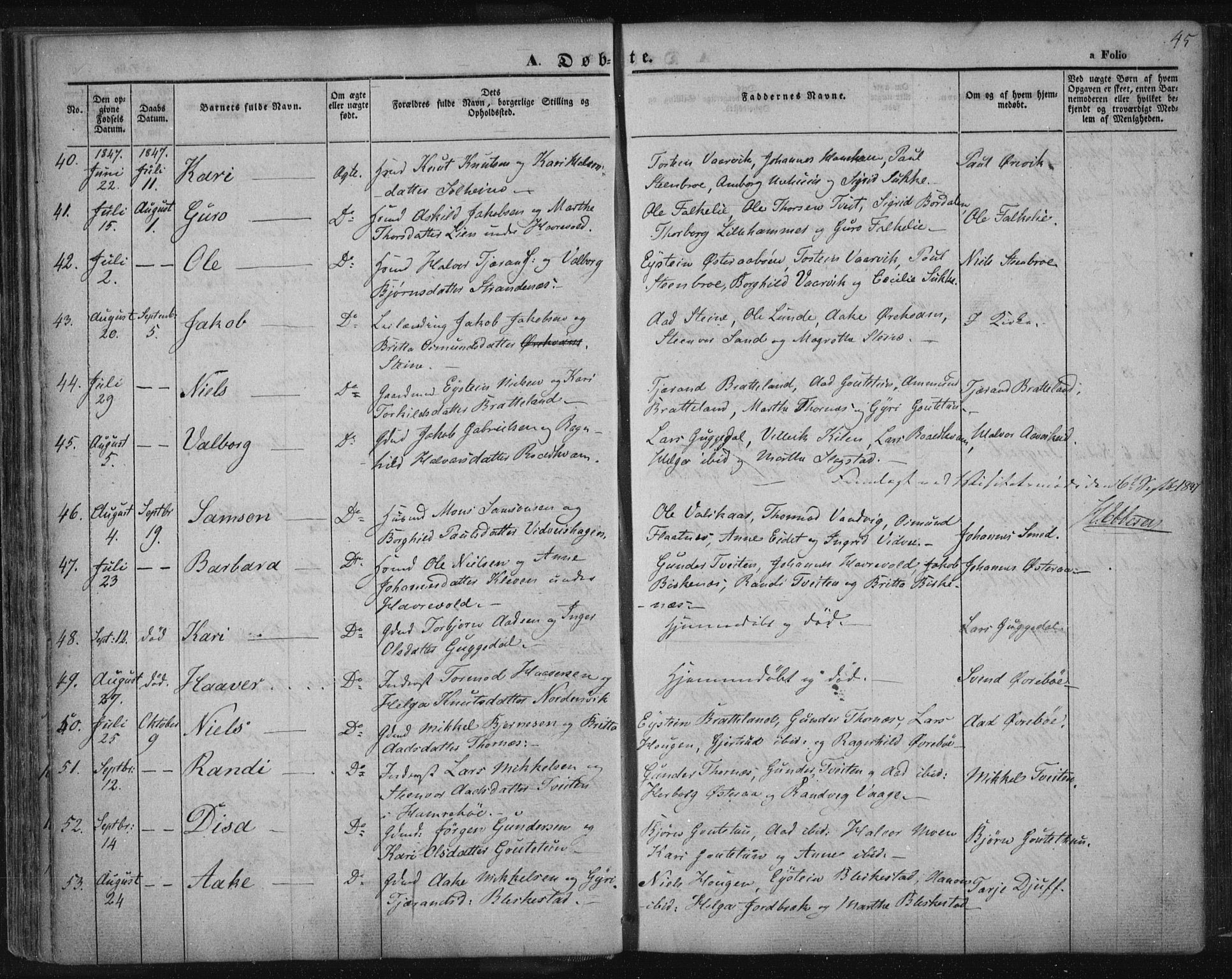 Suldal sokneprestkontor, SAST/A-101845/01/IV/L0008: Parish register (official) no. A 8, 1836-1853, p. 45