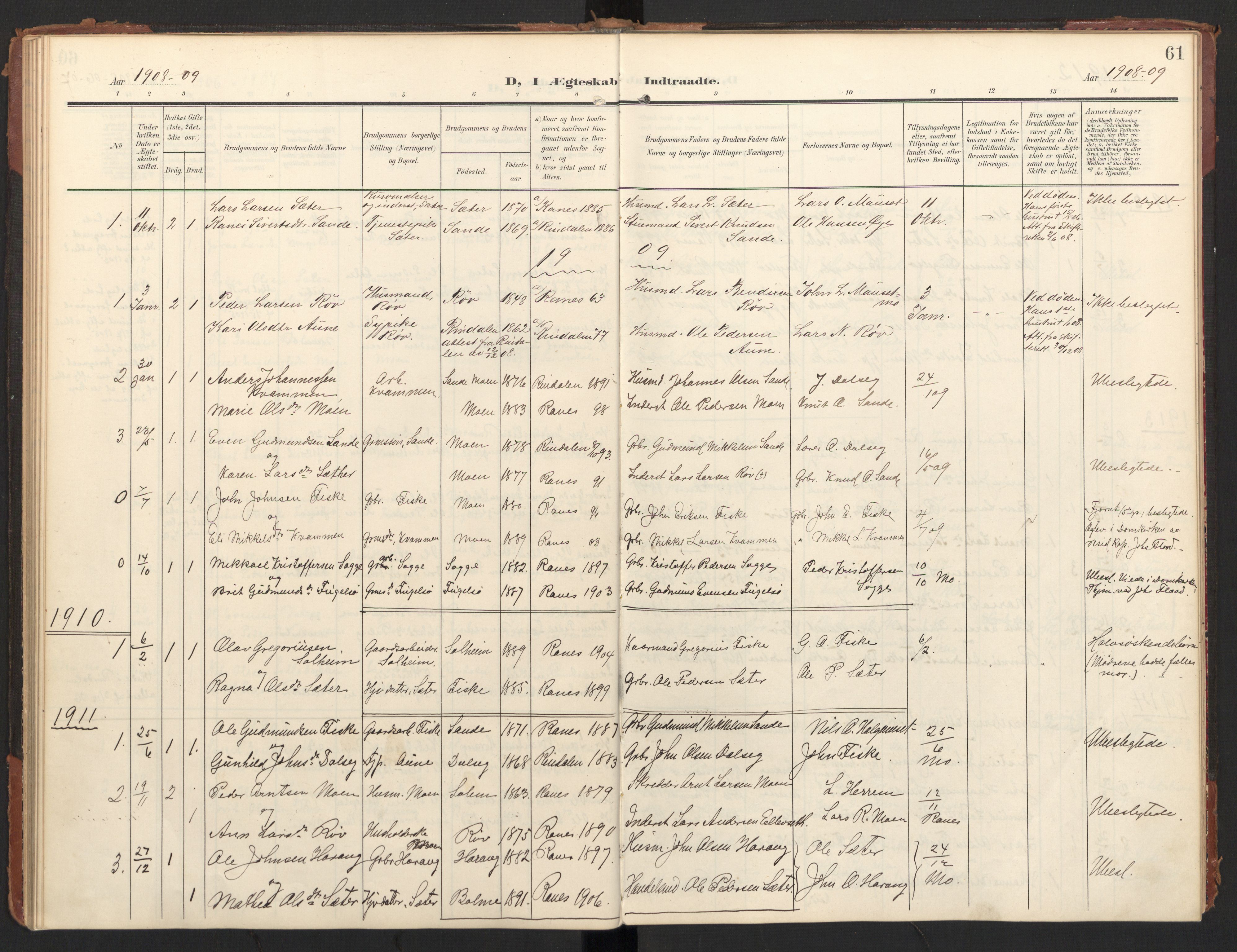 Ministerialprotokoller, klokkerbøker og fødselsregistre - Møre og Romsdal, SAT/A-1454/597/L1063: Parish register (official) no. 597A02, 1905-1923, p. 61