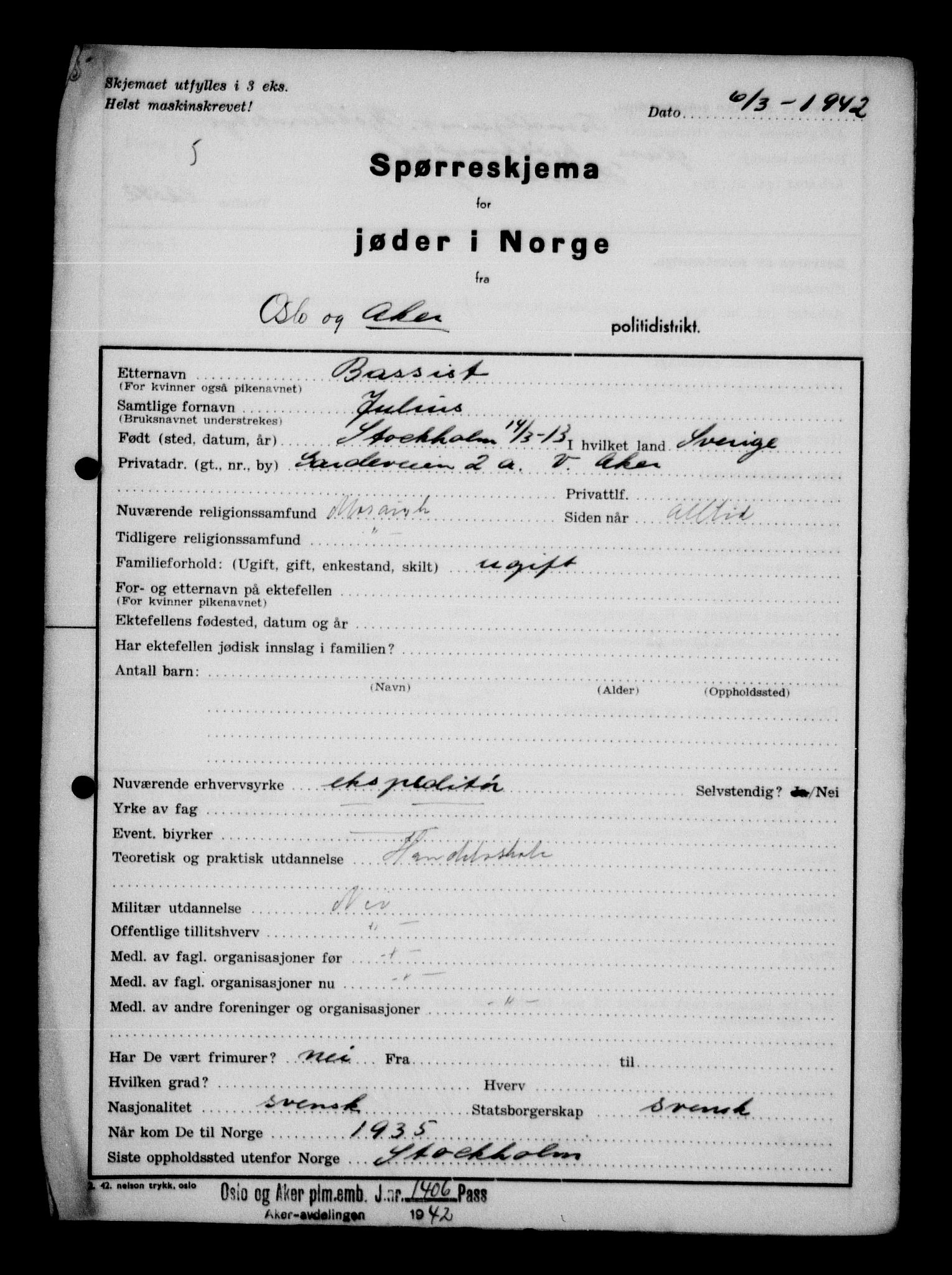 Statspolitiet - Hovedkontoret / Osloavdelingen, AV/RA-S-1329/G/Ga/L0011: Spørreskjema for jøder i Norge. 1: Oslo 610-806 (Plavnik-Zwillinger). 2: Aker 1-113 (Adler-Lewin). , 1942, p. 600