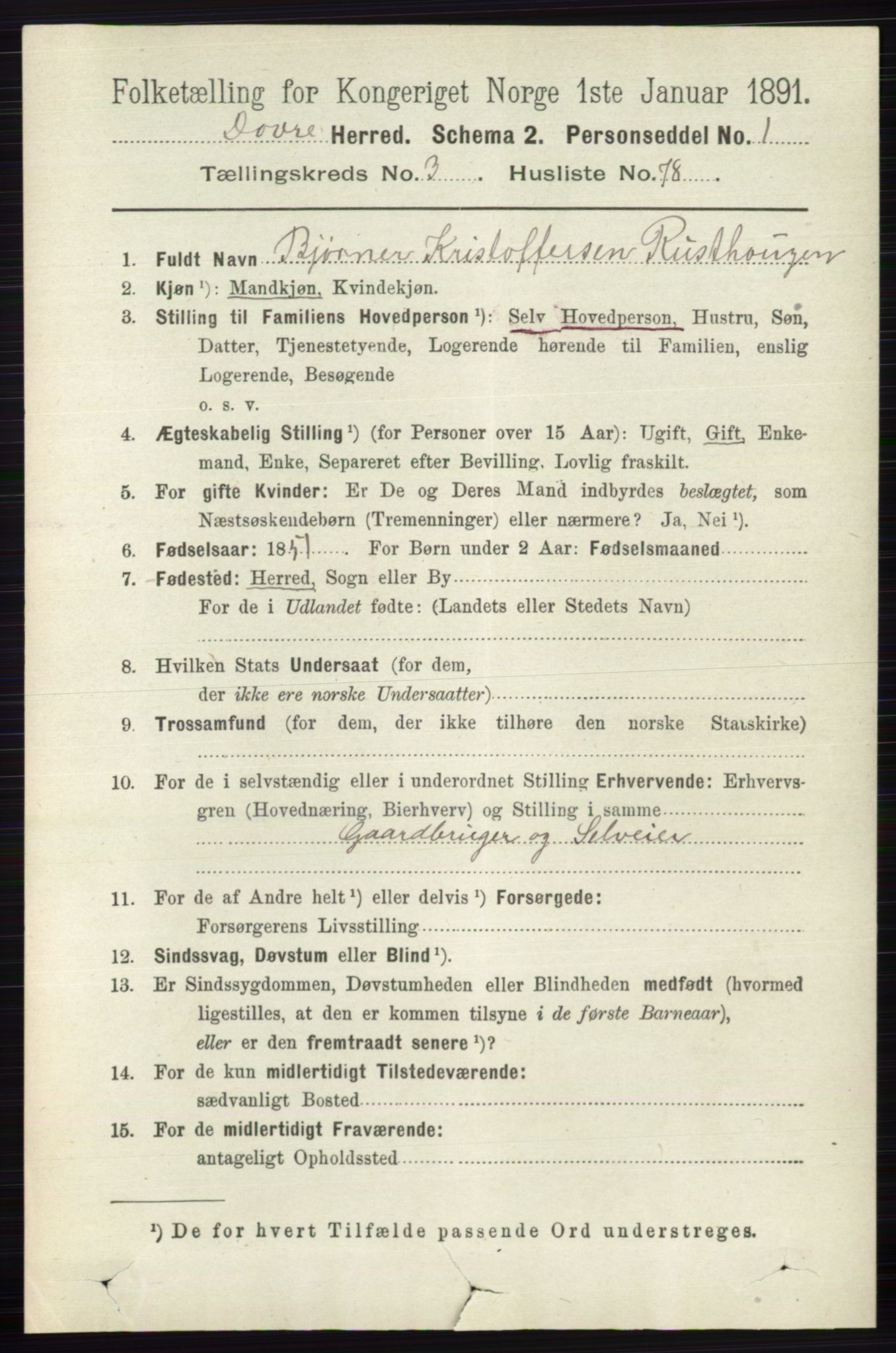 RA, 1891 census for 0511 Dovre, 1891, p. 1807