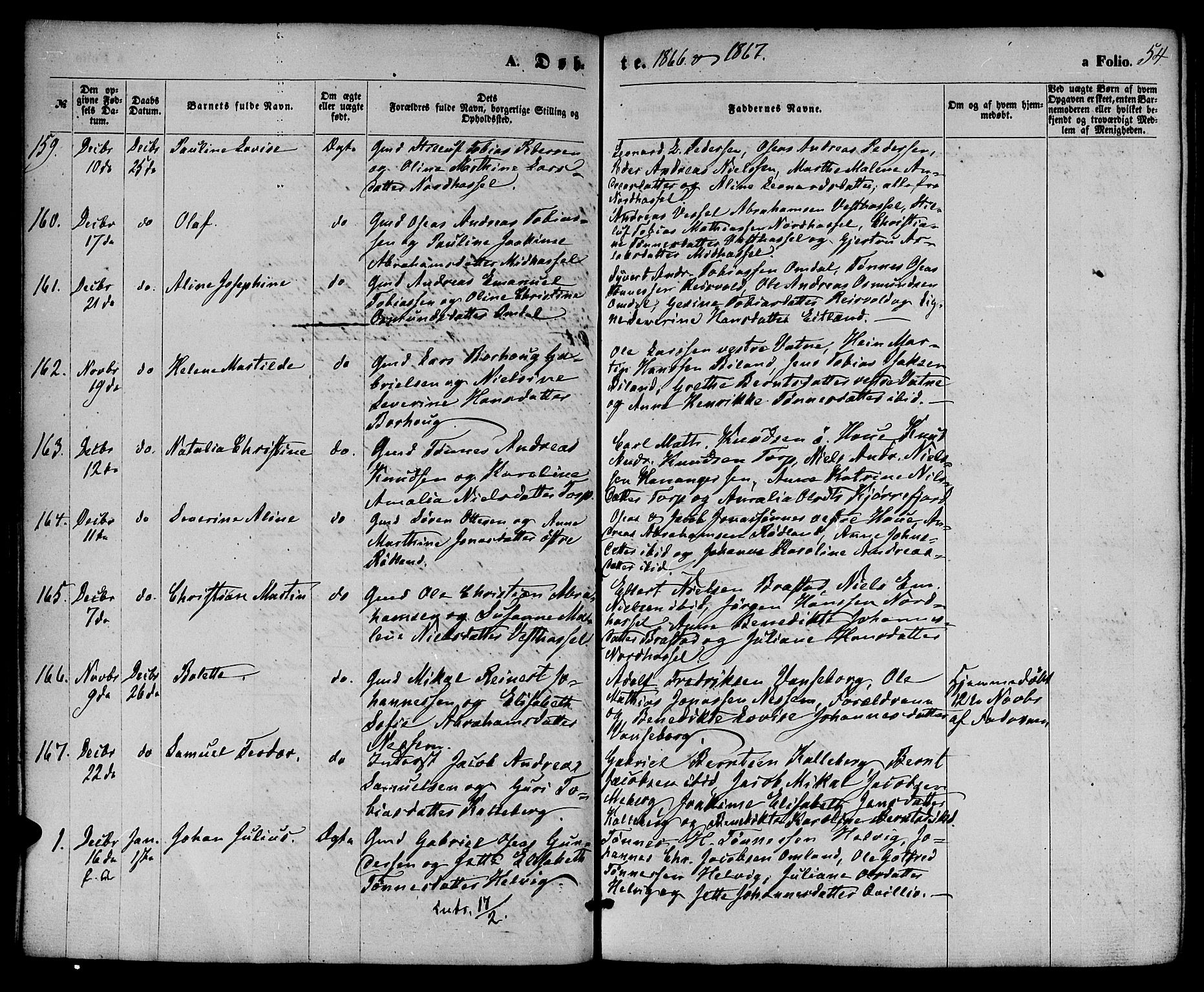 Lista sokneprestkontor, AV/SAK-1111-0027/F/Fb/L0003: Parish register (copy) no. B 3, 1862-1877, p. 54