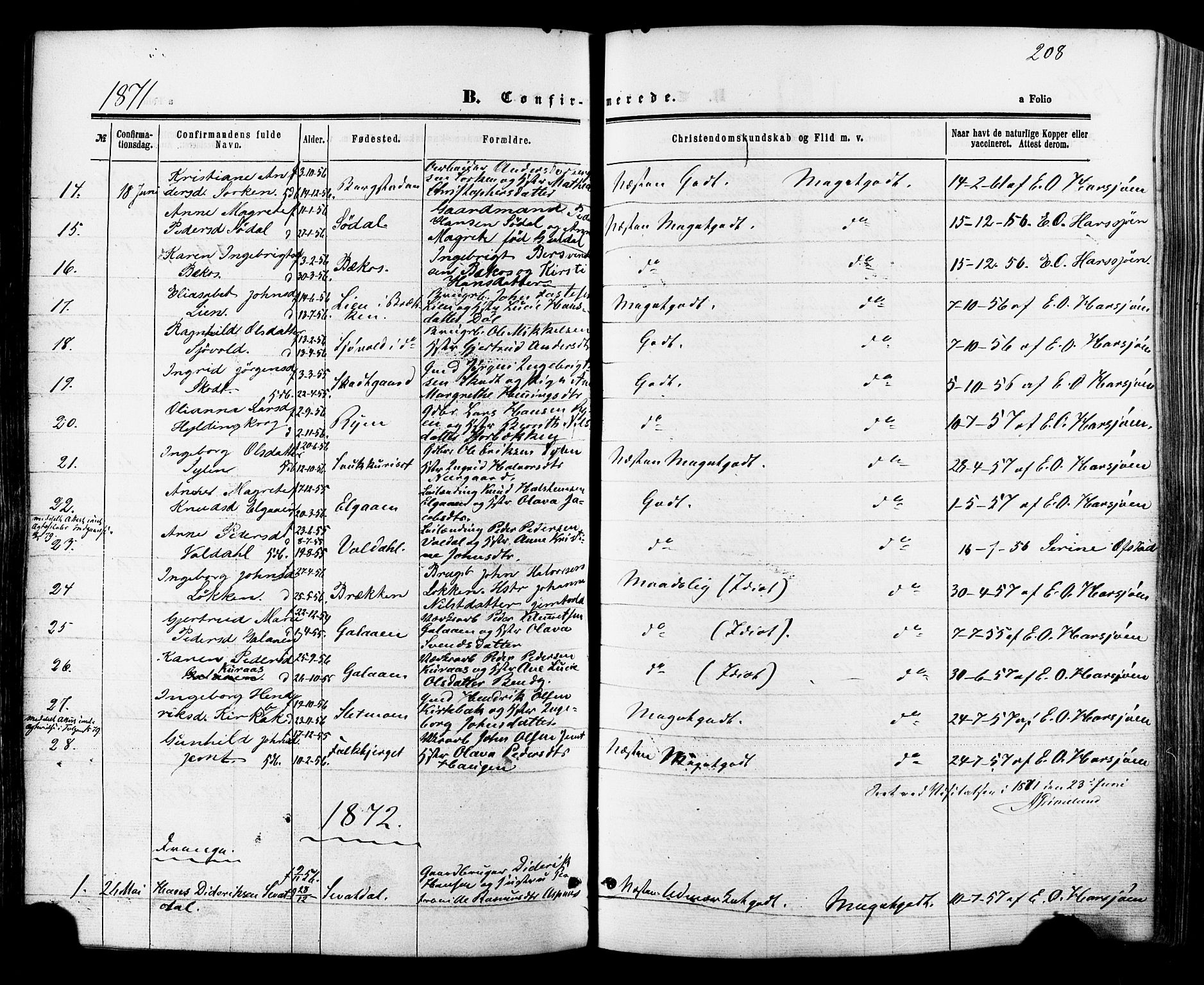 Ministerialprotokoller, klokkerbøker og fødselsregistre - Sør-Trøndelag, SAT/A-1456/681/L0932: Parish register (official) no. 681A10, 1860-1878, p. 208