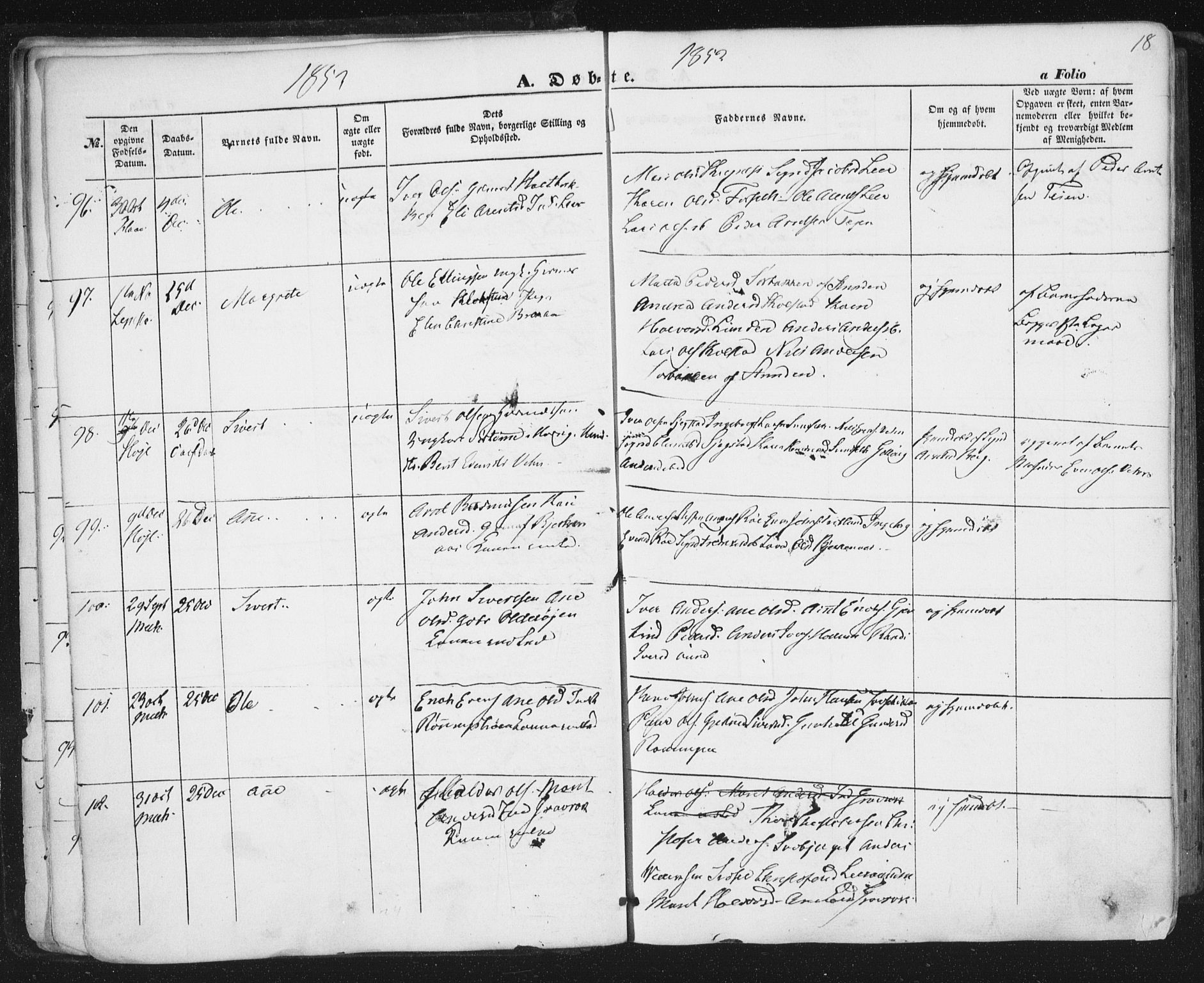 Ministerialprotokoller, klokkerbøker og fødselsregistre - Sør-Trøndelag, SAT/A-1456/691/L1076: Parish register (official) no. 691A08, 1852-1861, p. 18