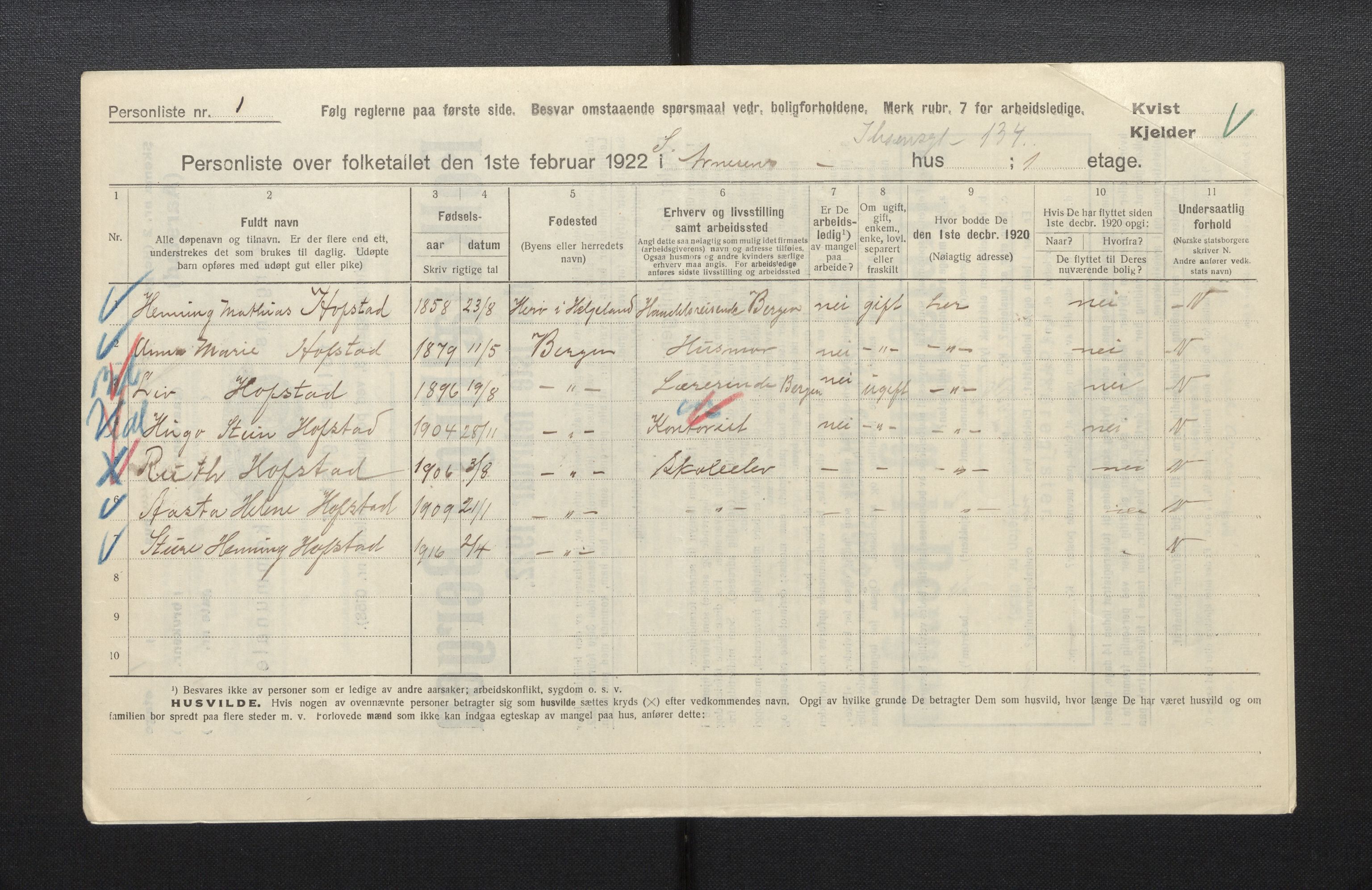 SAB, Municipal Census 1922 for Bergen, 1922, p. 53796