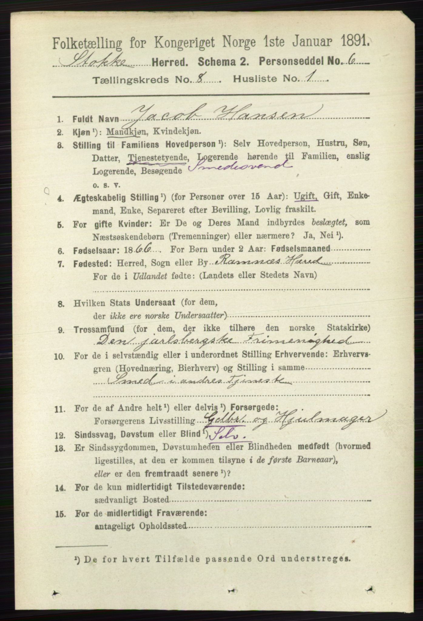 RA, 1891 census for 0720 Stokke, 1891, p. 5075