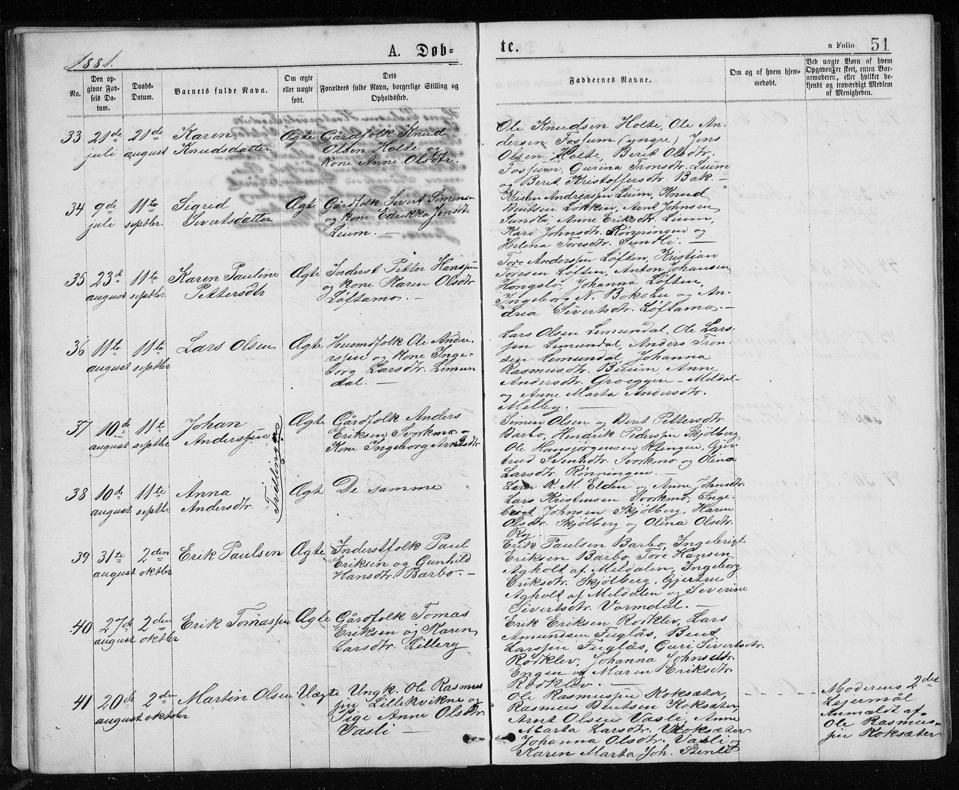 Ministerialprotokoller, klokkerbøker og fødselsregistre - Sør-Trøndelag, AV/SAT-A-1456/671/L0843: Parish register (copy) no. 671C02, 1873-1892, p. 51