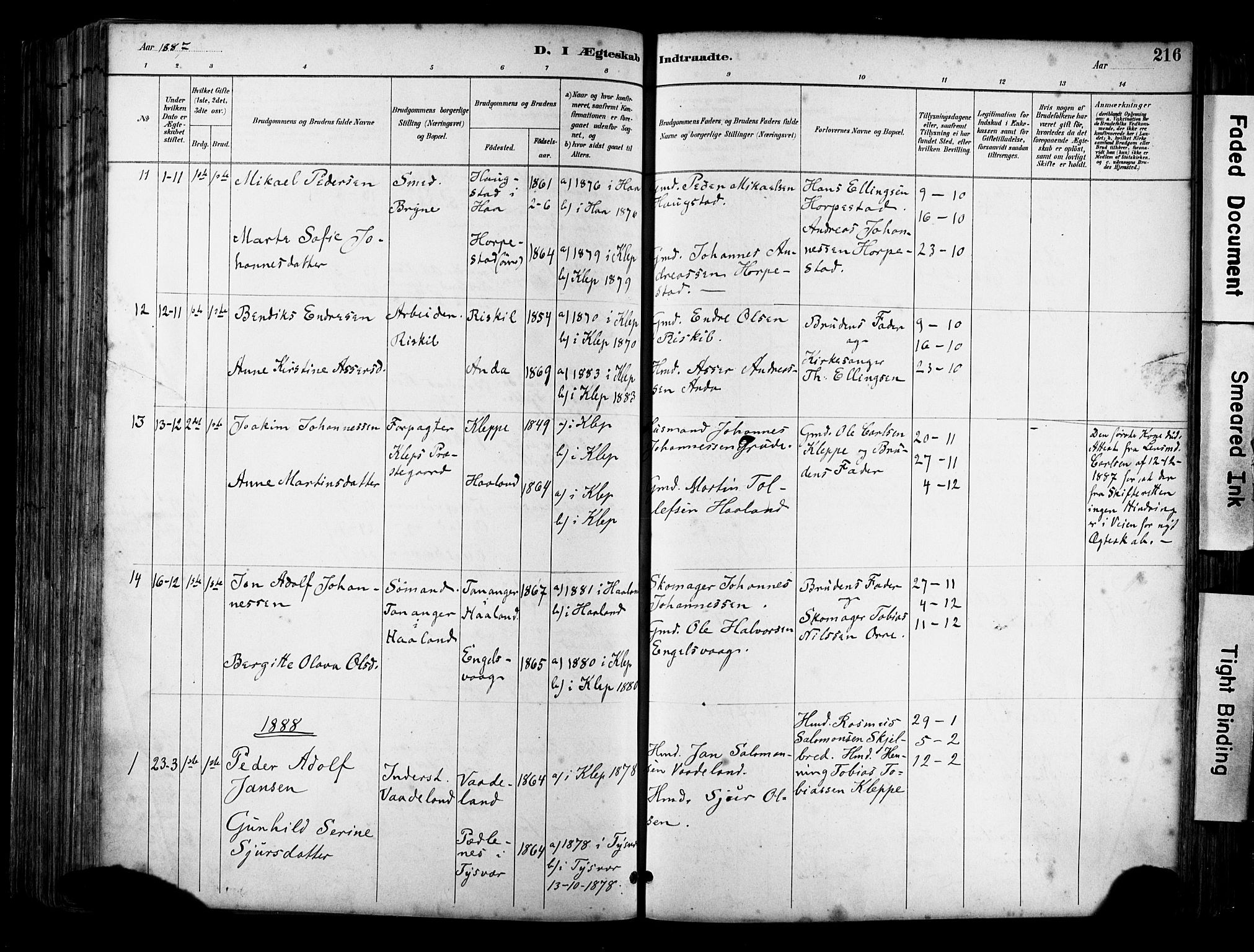 Klepp sokneprestkontor, SAST/A-101803/001/3/30BA/L0009: Parish register (official) no. A 7, 1886-1915, p. 216