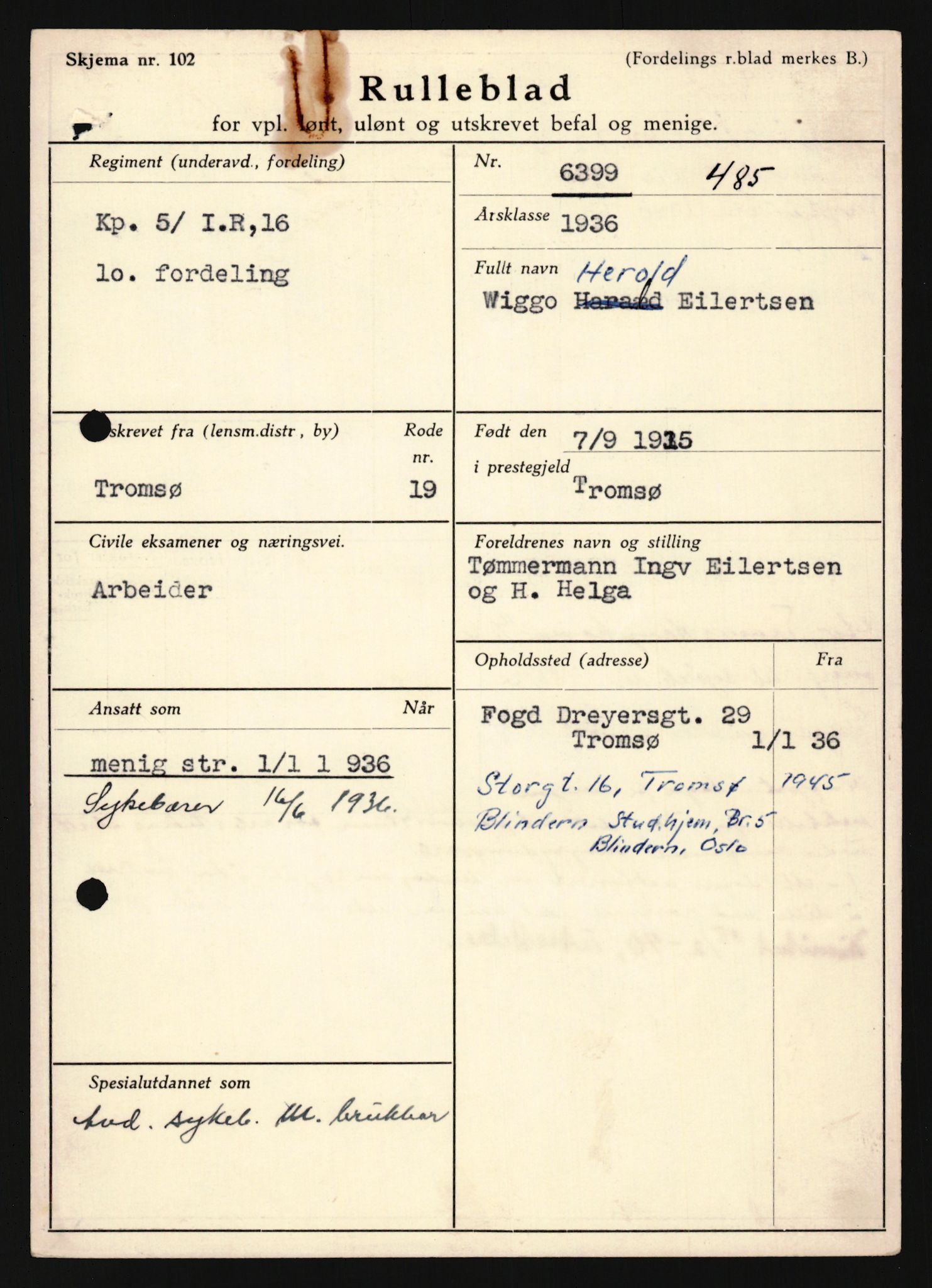 Forsvaret, Troms infanteriregiment nr. 16, AV/RA-RAFA-3146/P/Pa/L0020: Rulleblad for regimentets menige mannskaper, årsklasse 1936, 1936, p. 173