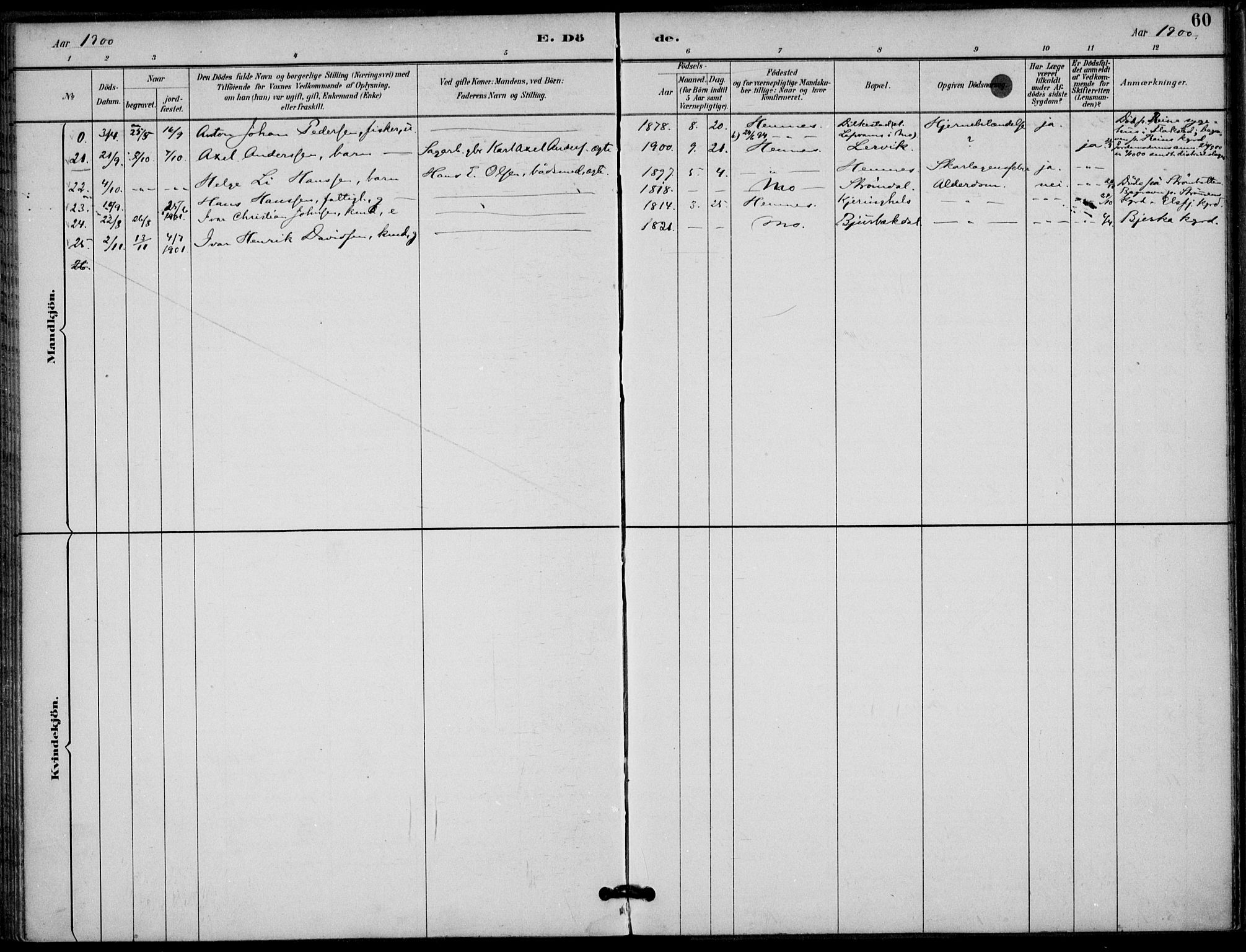 Ministerialprotokoller, klokkerbøker og fødselsregistre - Nordland, AV/SAT-A-1459/825/L0363: Parish register (official) no. 825A17, 1890-1909, p. 60