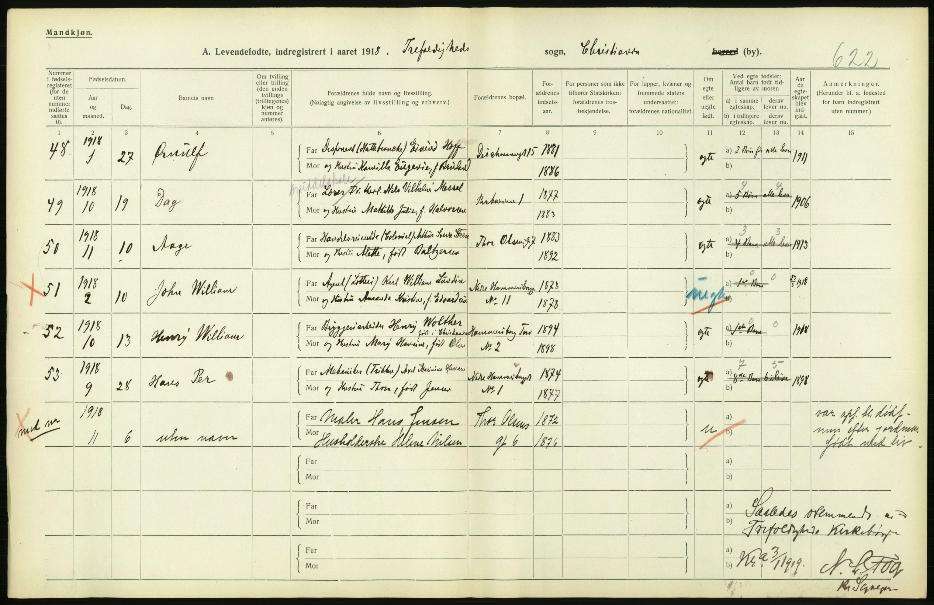 Statistisk sentralbyrå, Sosiodemografiske emner, Befolkning, AV/RA-S-2228/D/Df/Dfb/Dfbh/L0008: Kristiania: Levendefødte menn og kvinner., 1918, p. 276