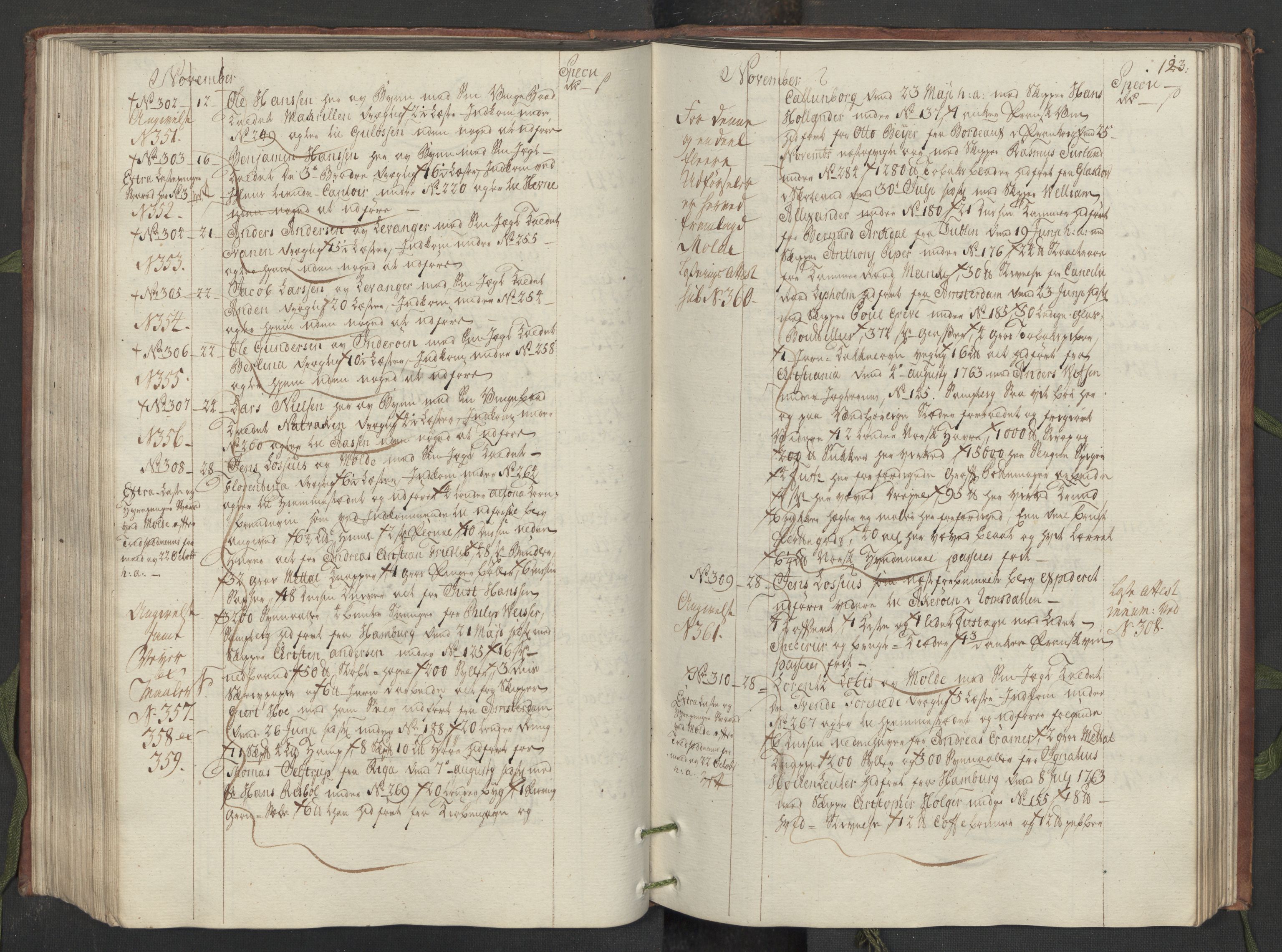 Generaltollkammeret, tollregnskaper, AV/RA-EA-5490/R33/L0083/0001: Tollregnskaper Trondheim A / Utgående hovedtollbok, 1764, p. 122b-123a