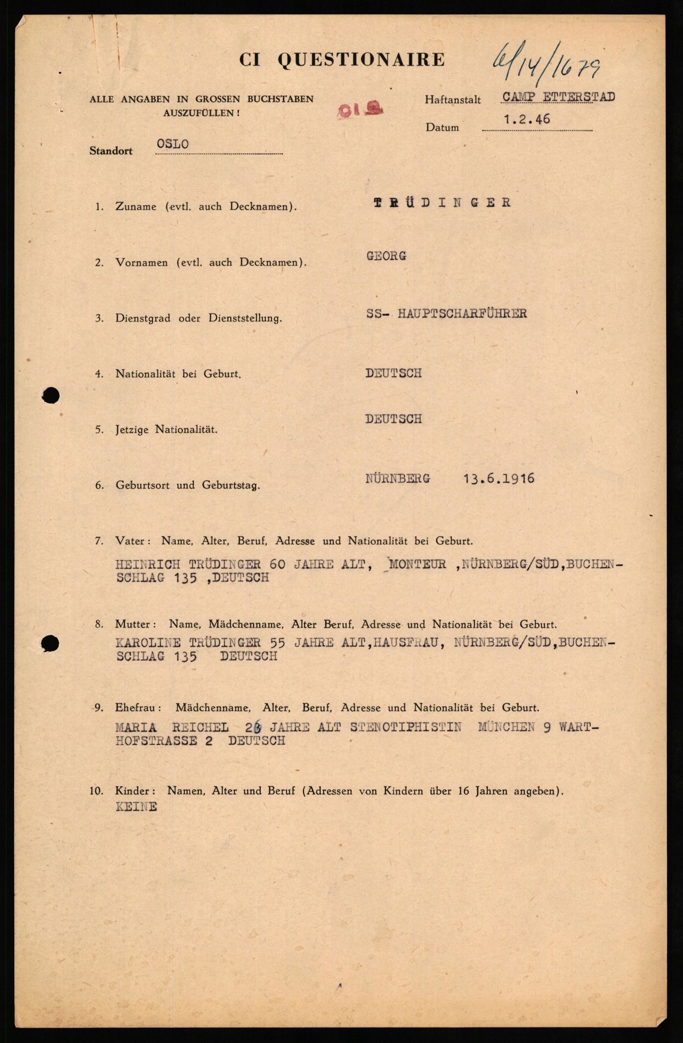 Forsvaret, Forsvarets overkommando II, AV/RA-RAFA-3915/D/Db/L0034: CI Questionaires. Tyske okkupasjonsstyrker i Norge. Tyskere., 1945-1946, p. 124