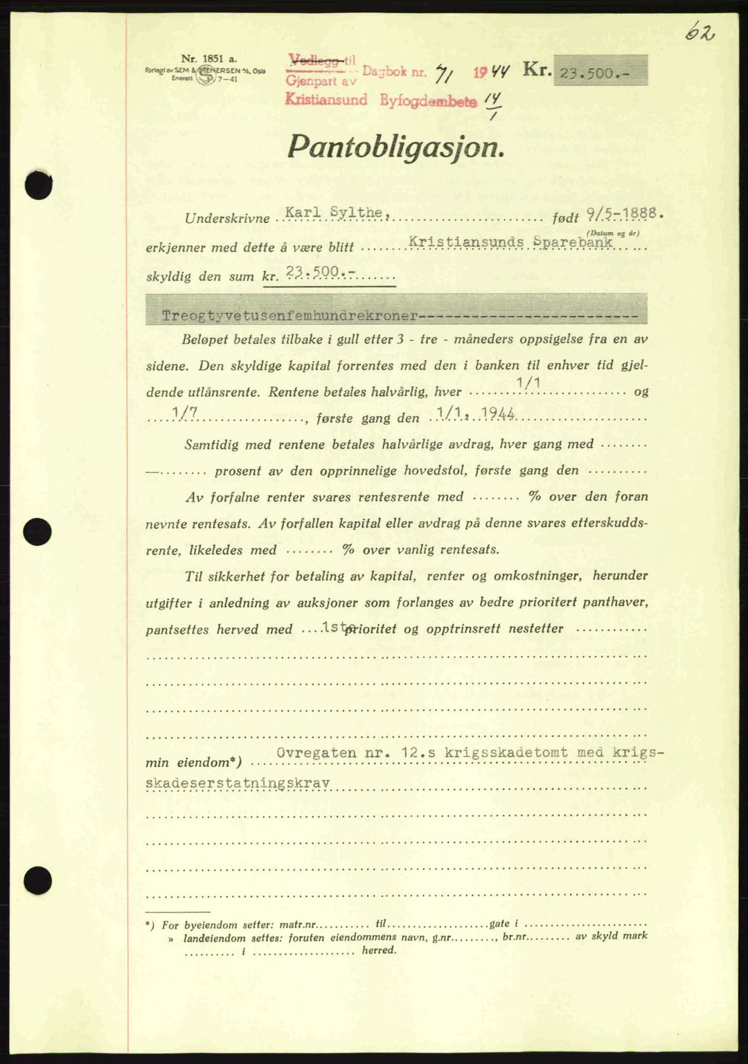 Kristiansund byfogd, AV/SAT-A-4587/A/27: Mortgage book no. 37-38, 1943-1945, Diary no: : 71/1944