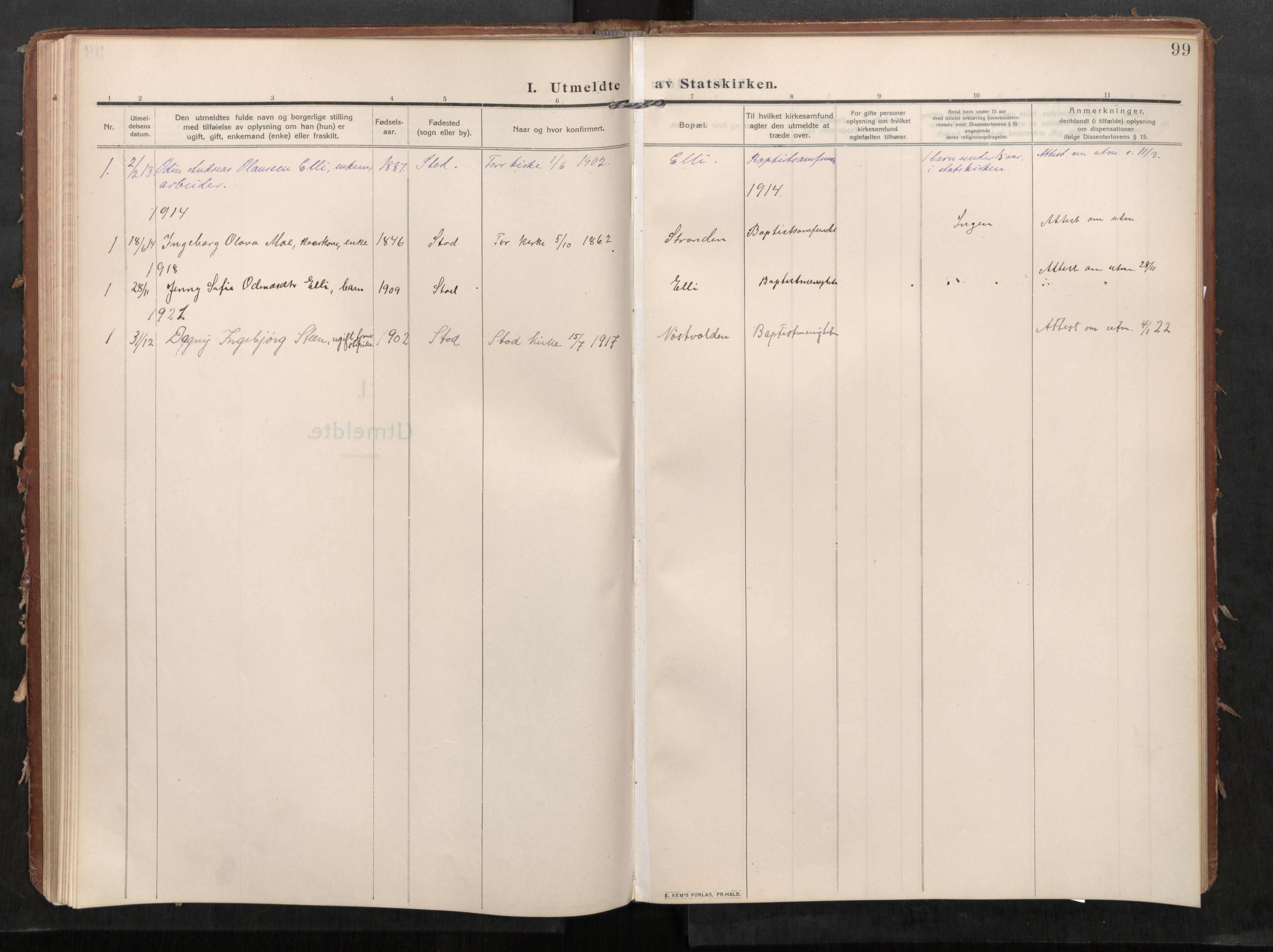 Stod sokneprestkontor, SAT/A-1164/1/I/I1/I1a/L0002: Parish register (official) no. 2, 1909-1922, p. 99