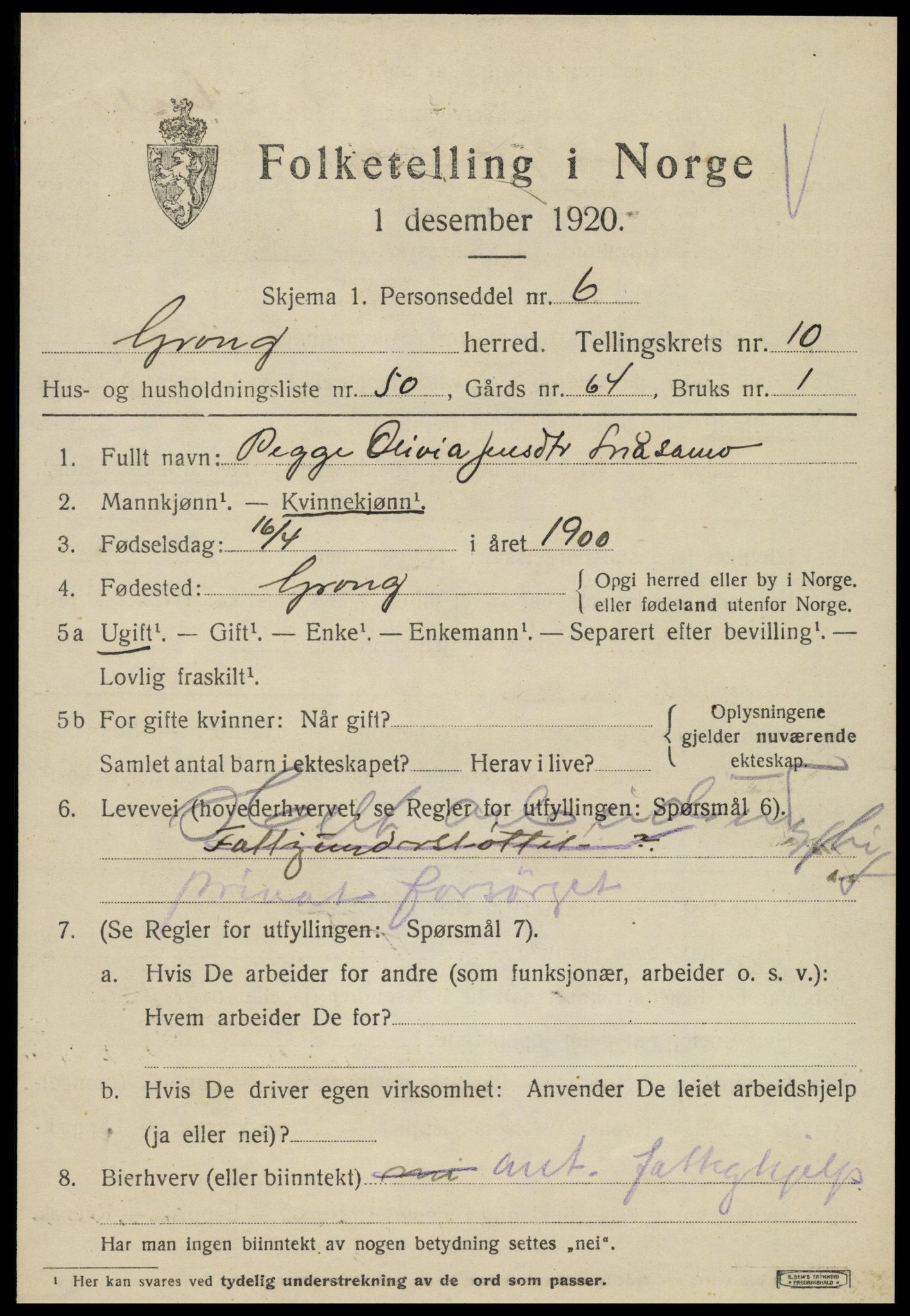 SAT, 1920 census for Grong, 1920, p. 6259