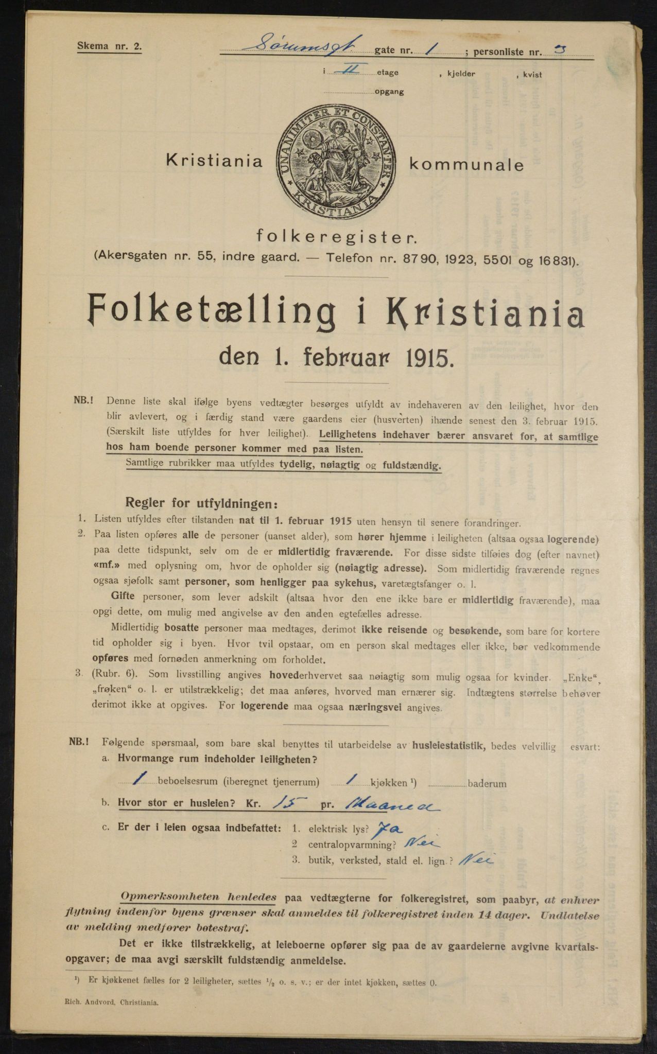 OBA, Municipal Census 1915 for Kristiania, 1915, p. 107172