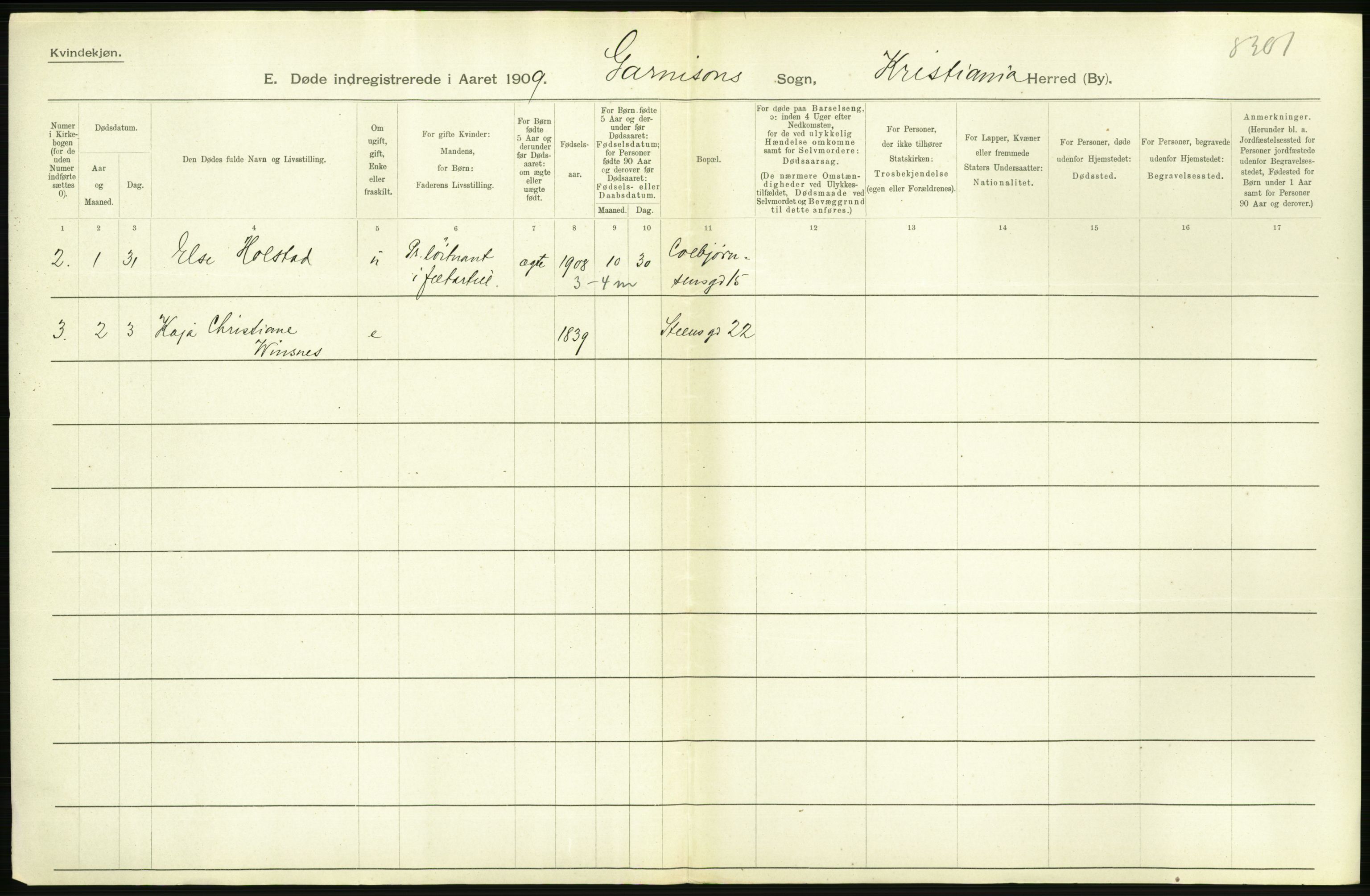 Statistisk sentralbyrå, Sosiodemografiske emner, Befolkning, RA/S-2228/D/Df/Dfa/Dfag/L0010: Kristiania: Døde, dødfødte., 1909, p. 206