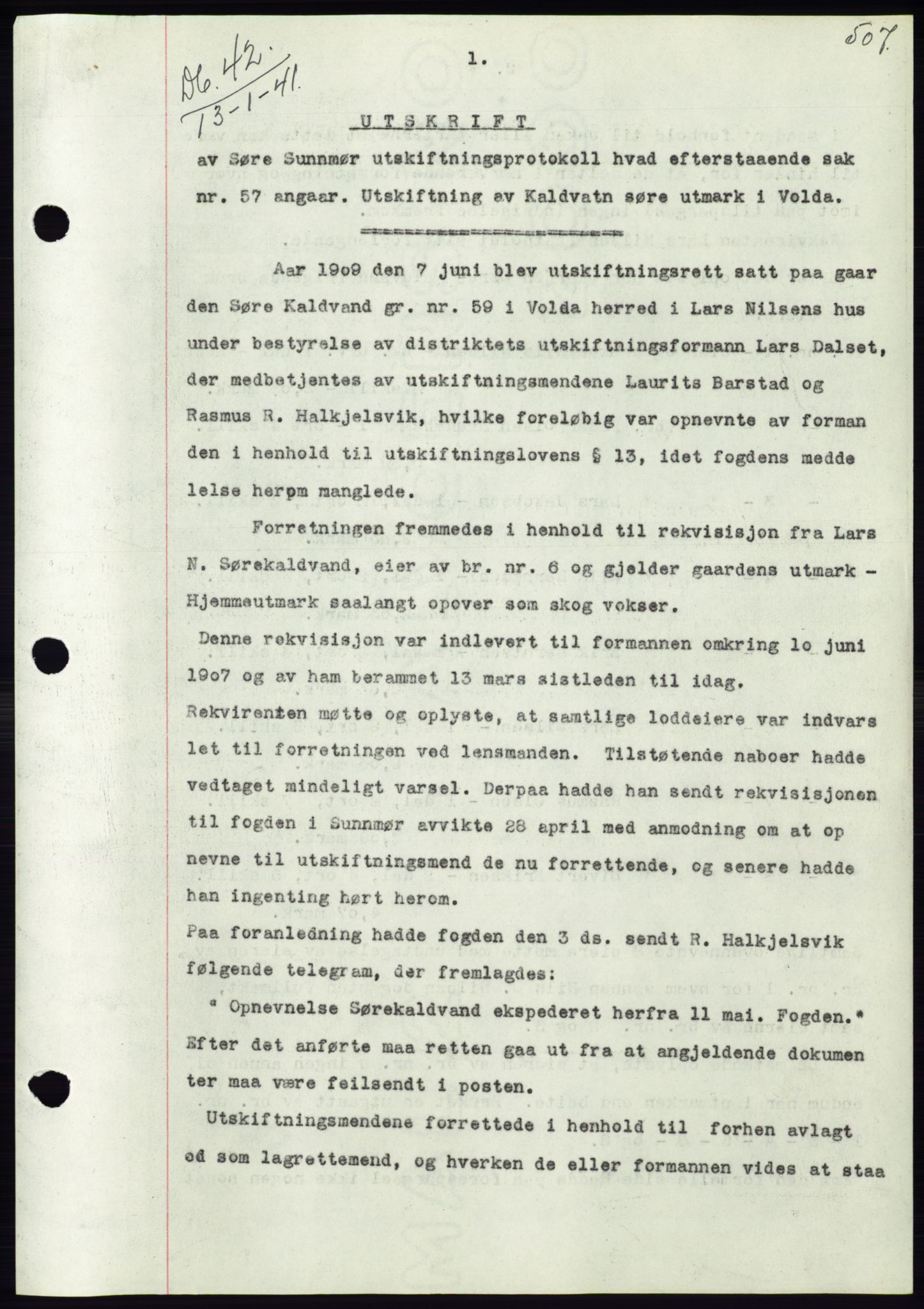 Søre Sunnmøre sorenskriveri, AV/SAT-A-4122/1/2/2C/L0070: Mortgage book no. 64, 1940-1941, Diary no: : 42/1941