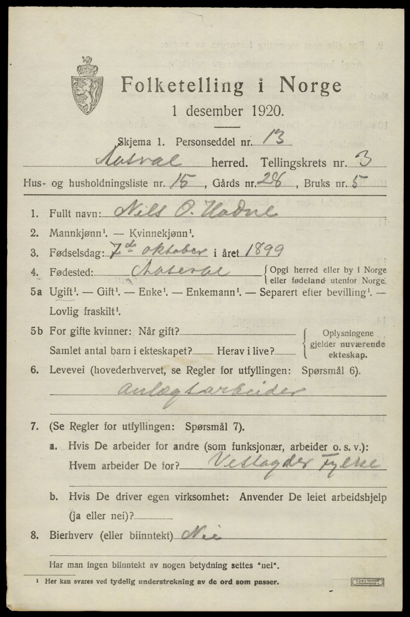 SAK, 1920 census for Åseral, 1920, p. 1140