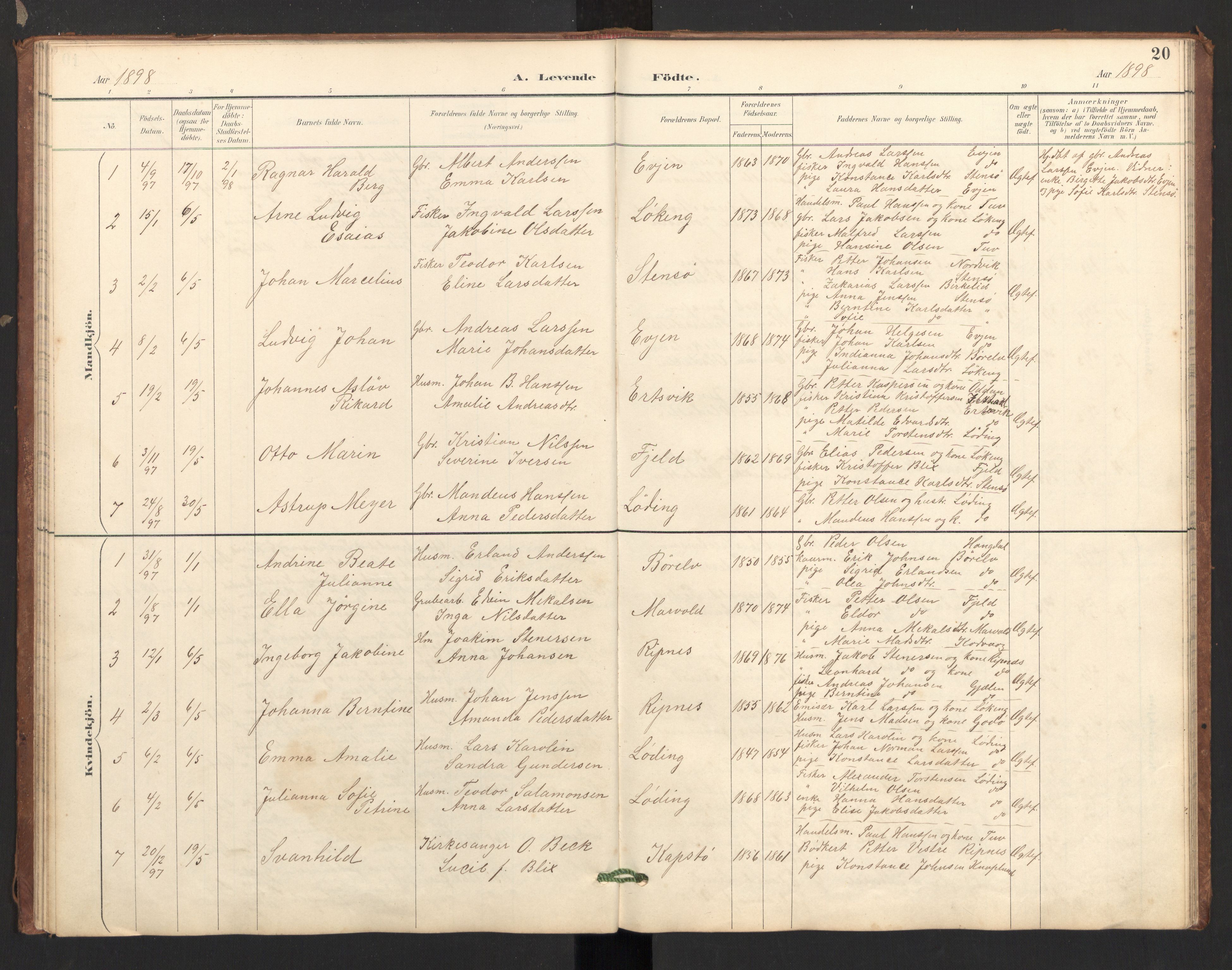 Ministerialprotokoller, klokkerbøker og fødselsregistre - Nordland, SAT/A-1459/804/L0087: Parish register (official) no. 804A08, 1894-1907, p. 20