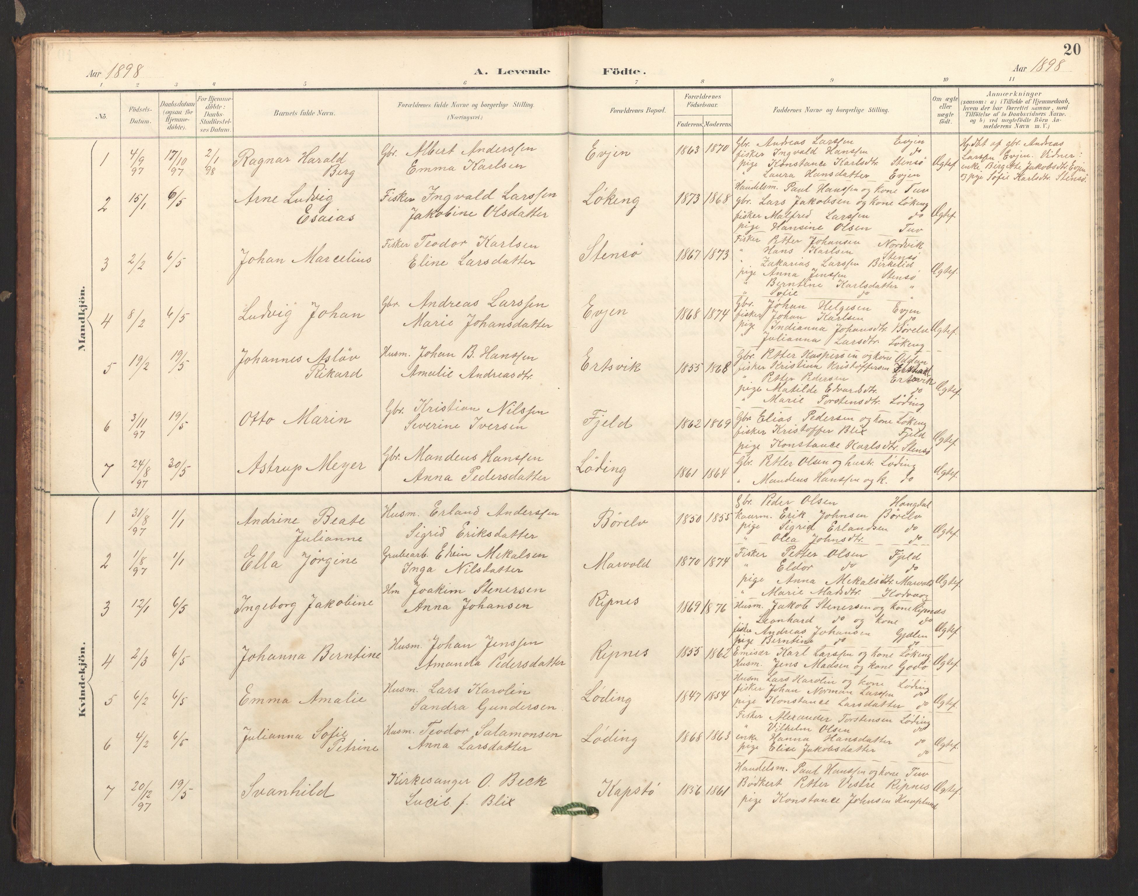 Ministerialprotokoller, klokkerbøker og fødselsregistre - Nordland, AV/SAT-A-1459/804/L0087: Parish register (official) no. 804A08, 1894-1907, p. 20