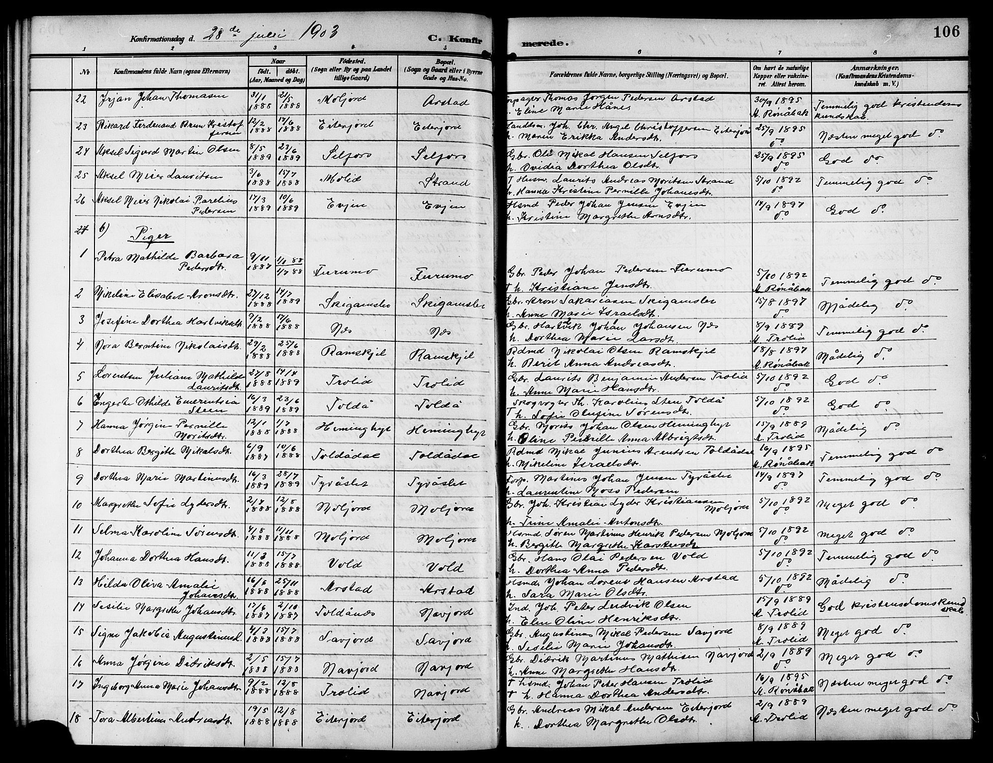 Ministerialprotokoller, klokkerbøker og fødselsregistre - Nordland, SAT/A-1459/846/L0655: Parish register (copy) no. 846C05, 1902-1916, p. 106
