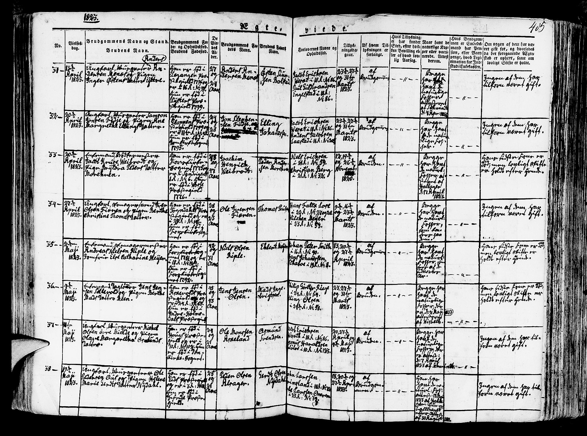 Korskirken sokneprestembete, AV/SAB-A-76101/H/Haa/L0014: Parish register (official) no. A 14, 1823-1835, p. 405