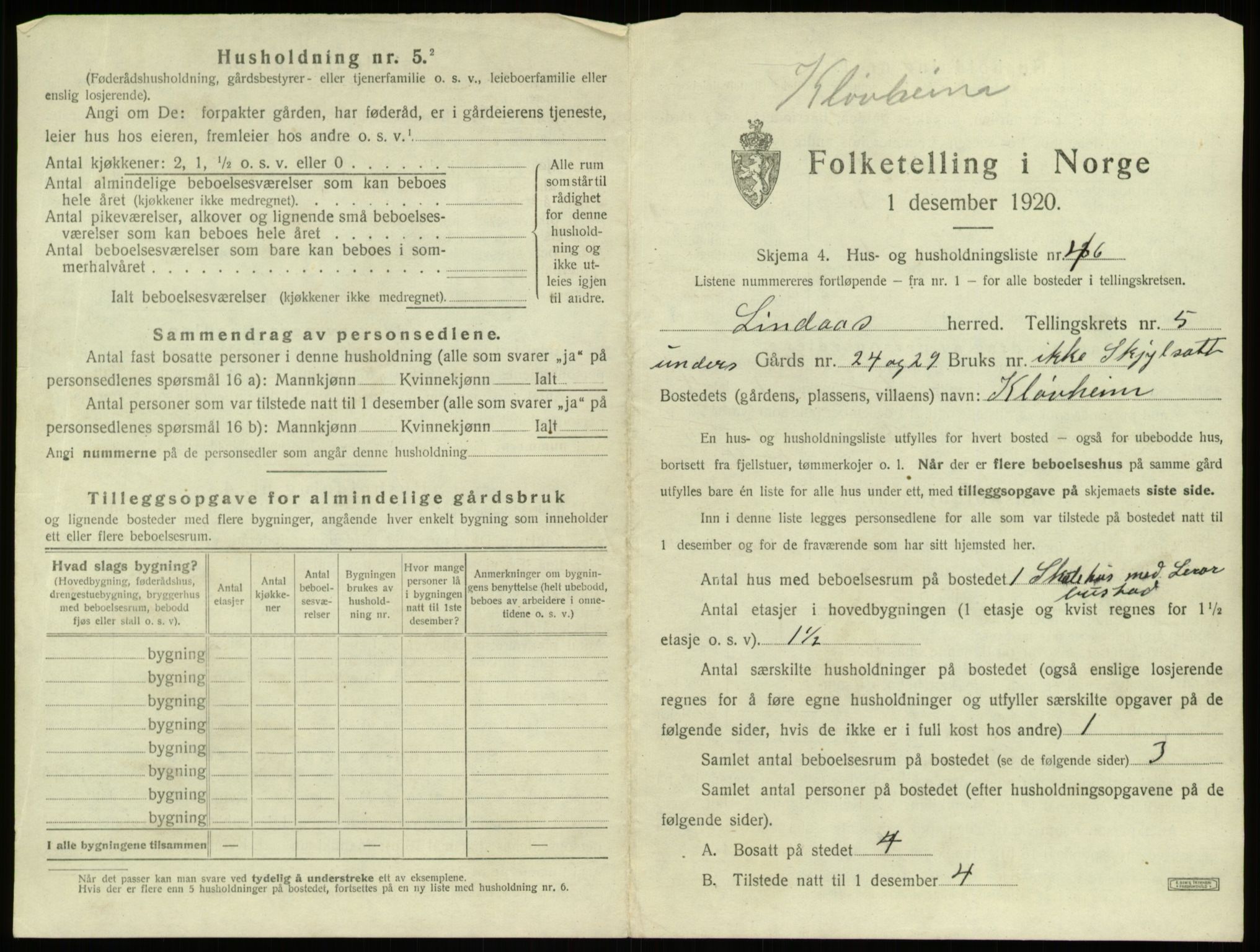 SAB, 1920 census for Lindås, 1920, p. 375