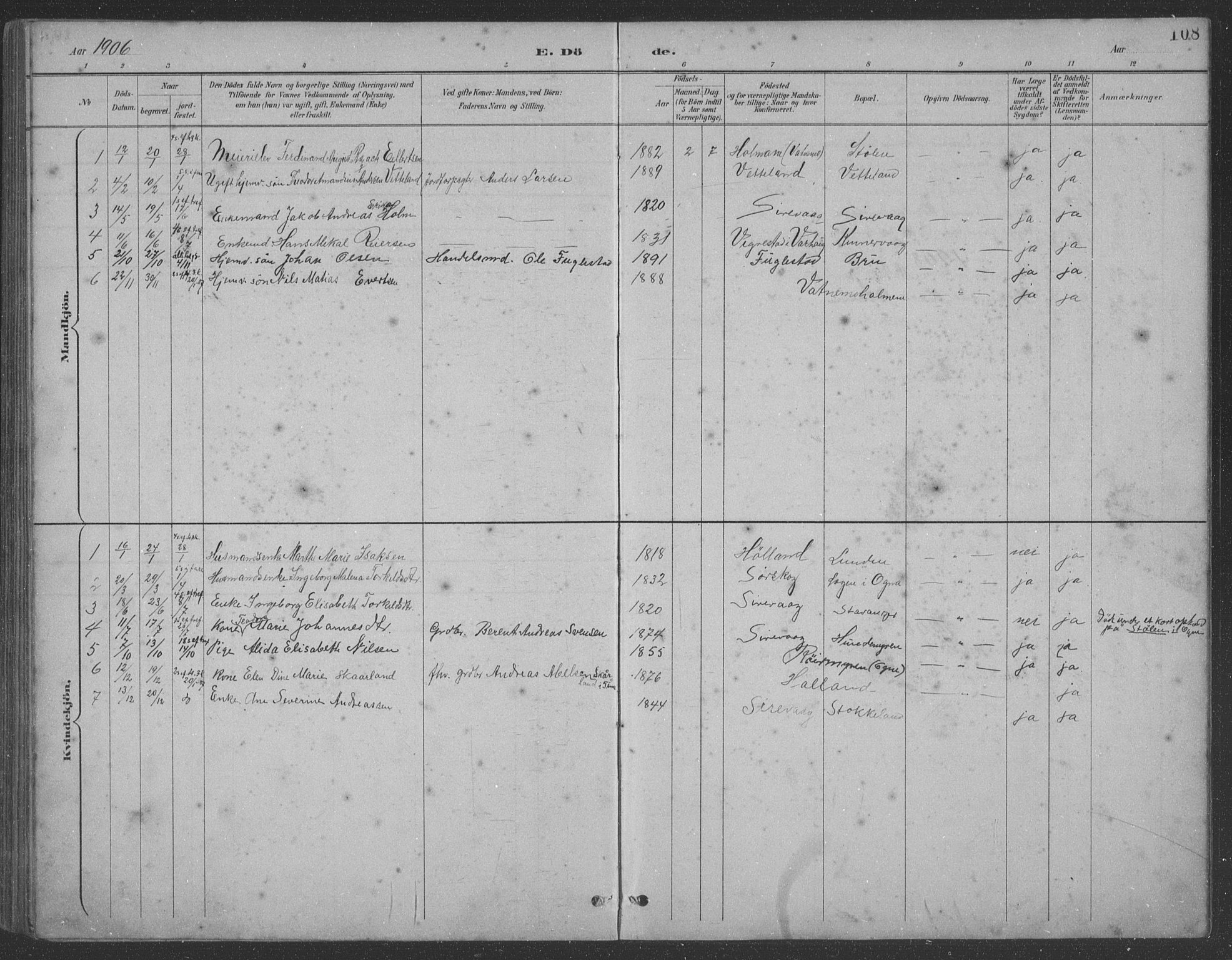 Eigersund sokneprestkontor, AV/SAST-A-101807/001/30/30BB/L0021: Parish register (copy) no. B 21, 1890-1915, p. 108
