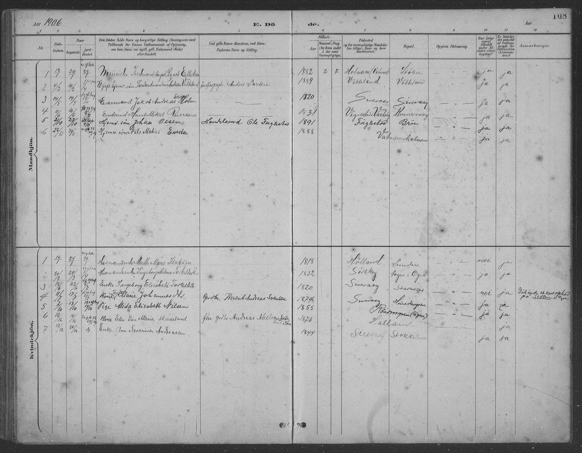 Eigersund sokneprestkontor, AV/SAST-A-101807/S09: Parish register (copy) no. B 21, 1890-1915, p. 108