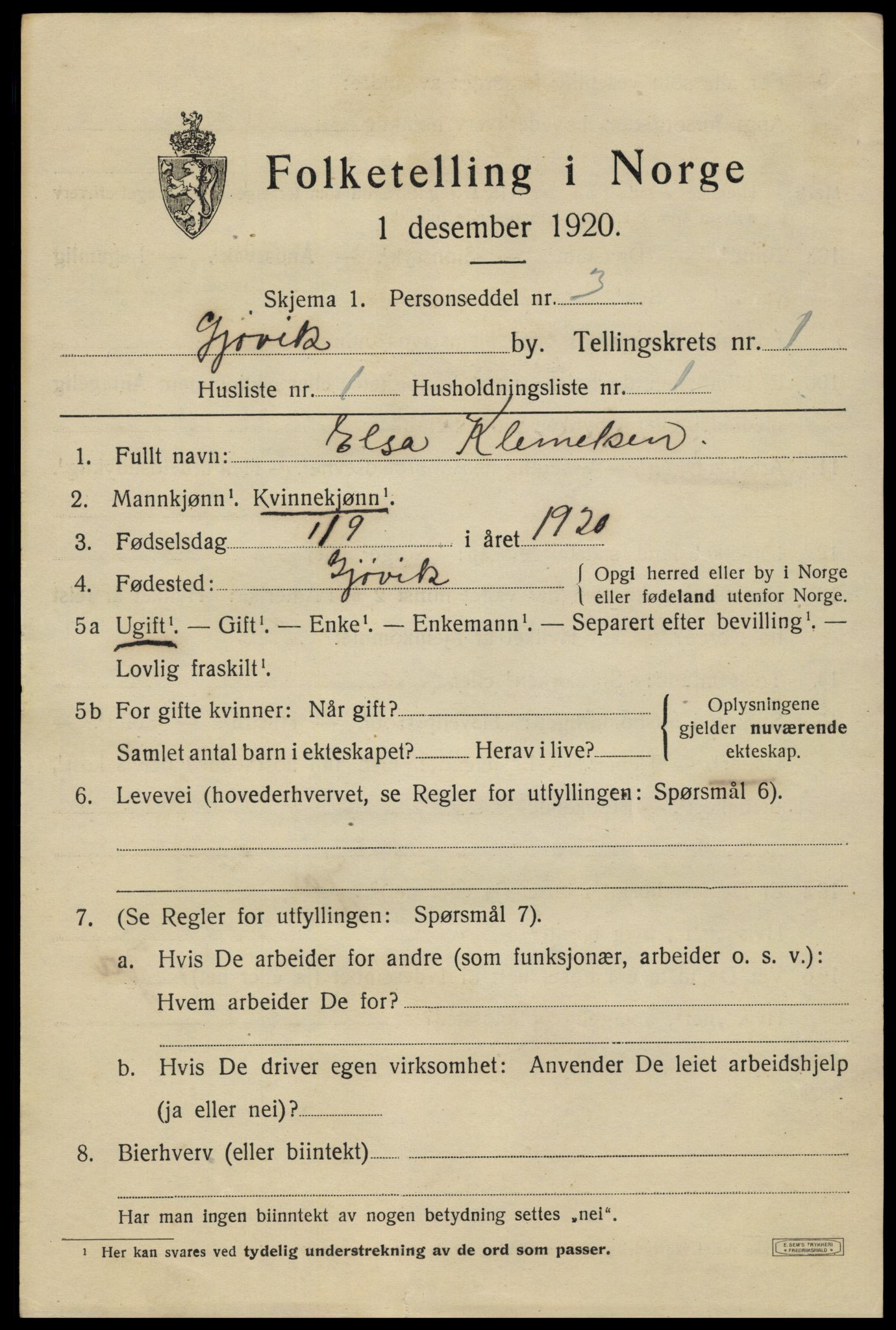 SAH, 1920 census for Gjøvik, 1920, p. 2398