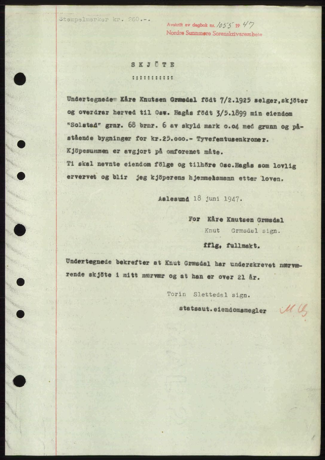 Nordre Sunnmøre sorenskriveri, AV/SAT-A-0006/1/2/2C/2Ca: Mortgage book no. A24, 1947-1947, Diary no: : 1055/1947